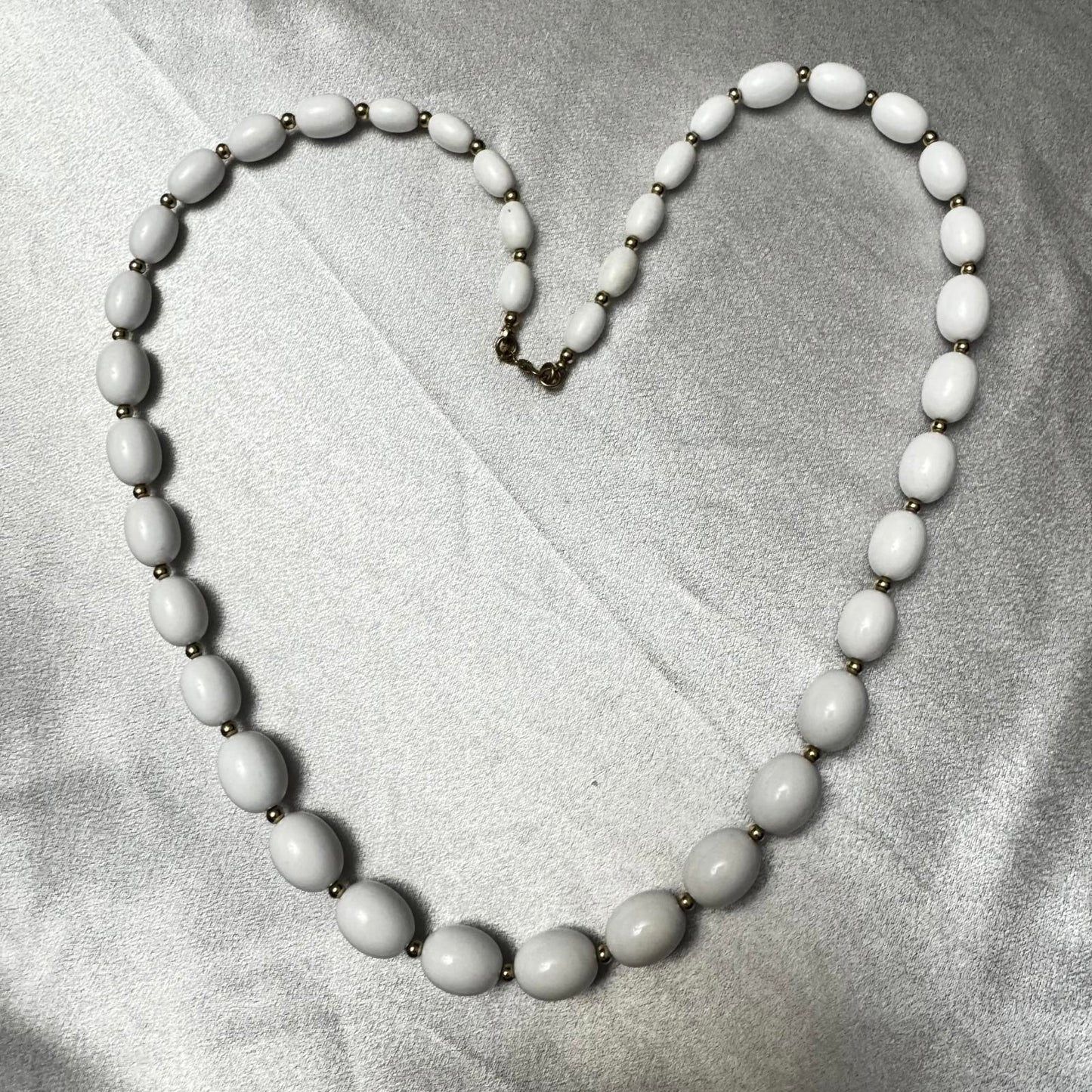 Monet Signed Vintage White Beaded Necklace with Gold Tone Accents