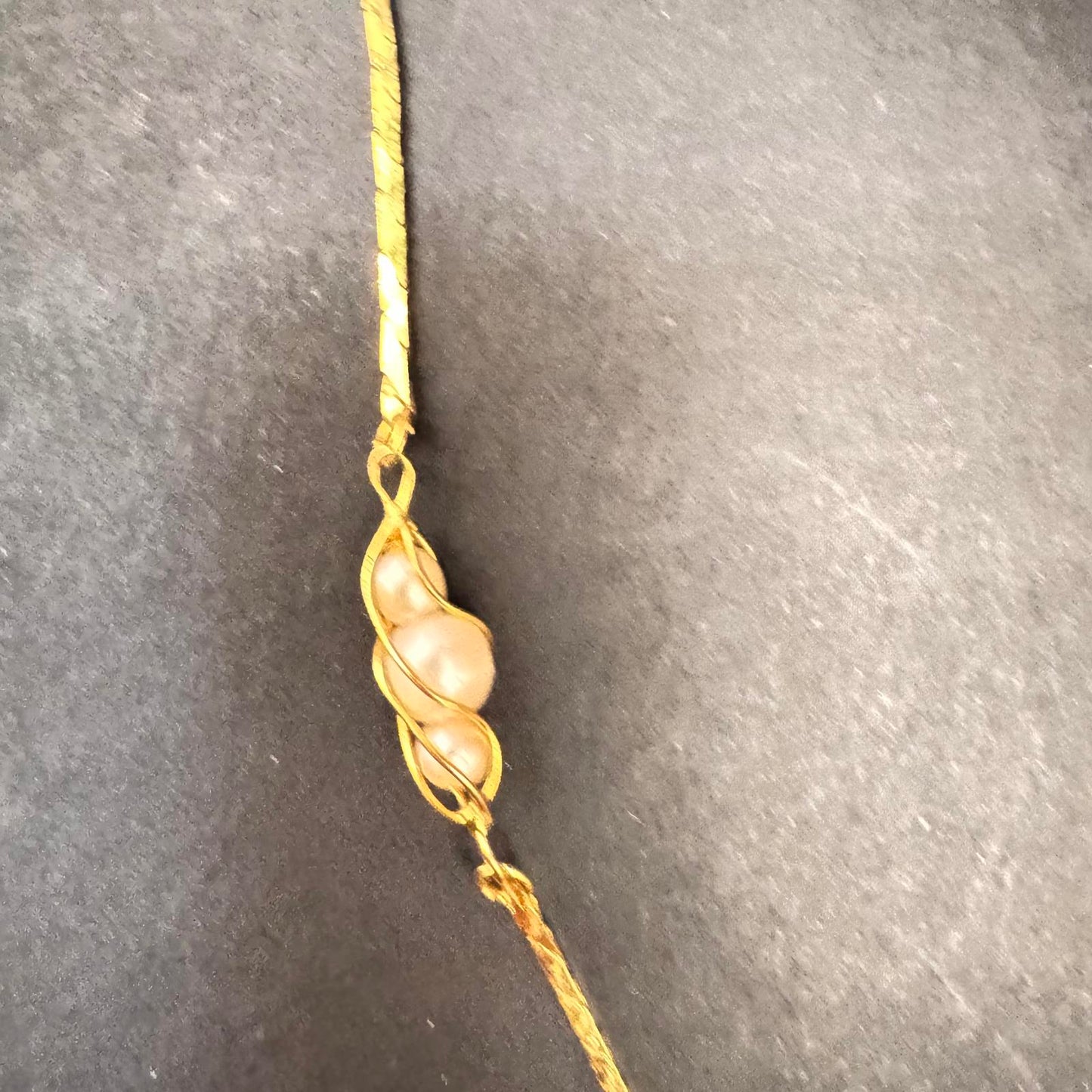 Gold Tone Pea Pod Necklace – Faux Pearl Beads, VTG Style Dainty Costume Jewelry