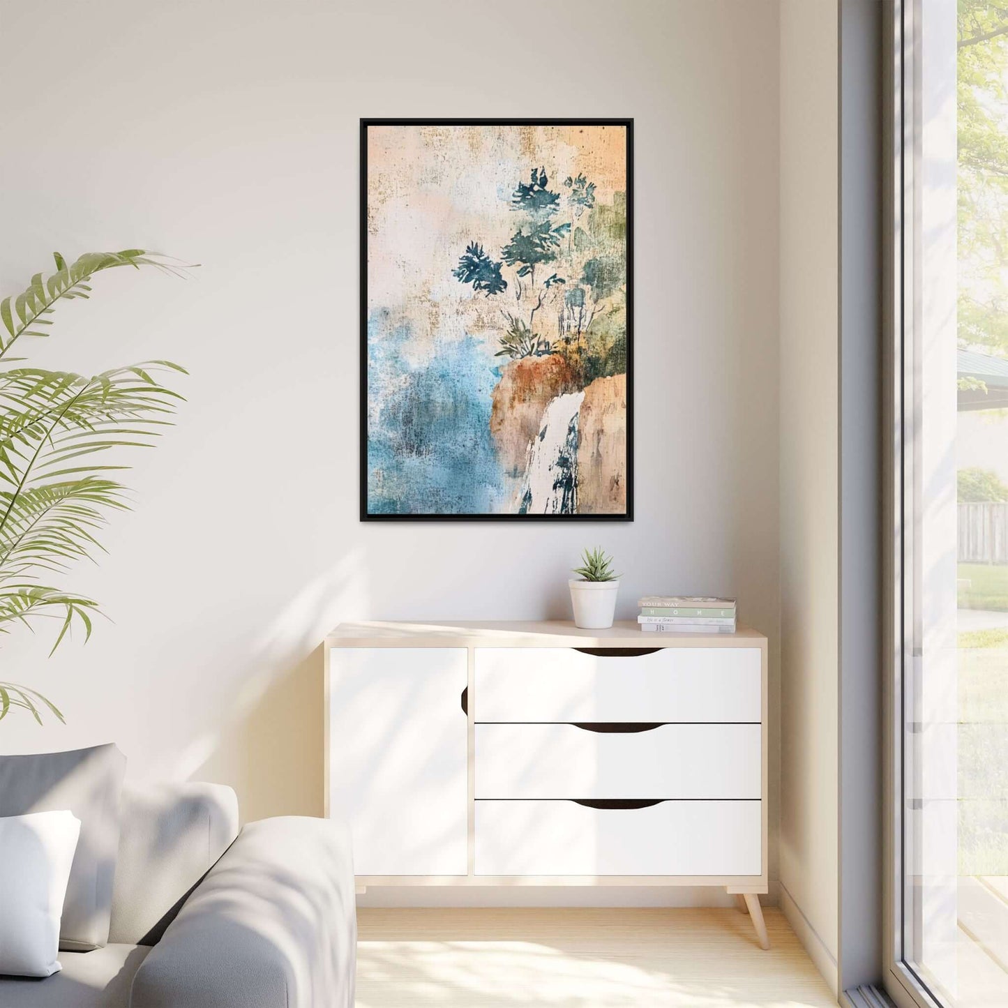 Misty Forest Landscape Wall Art - Framed Watercolor Canvas Print in Modern Room