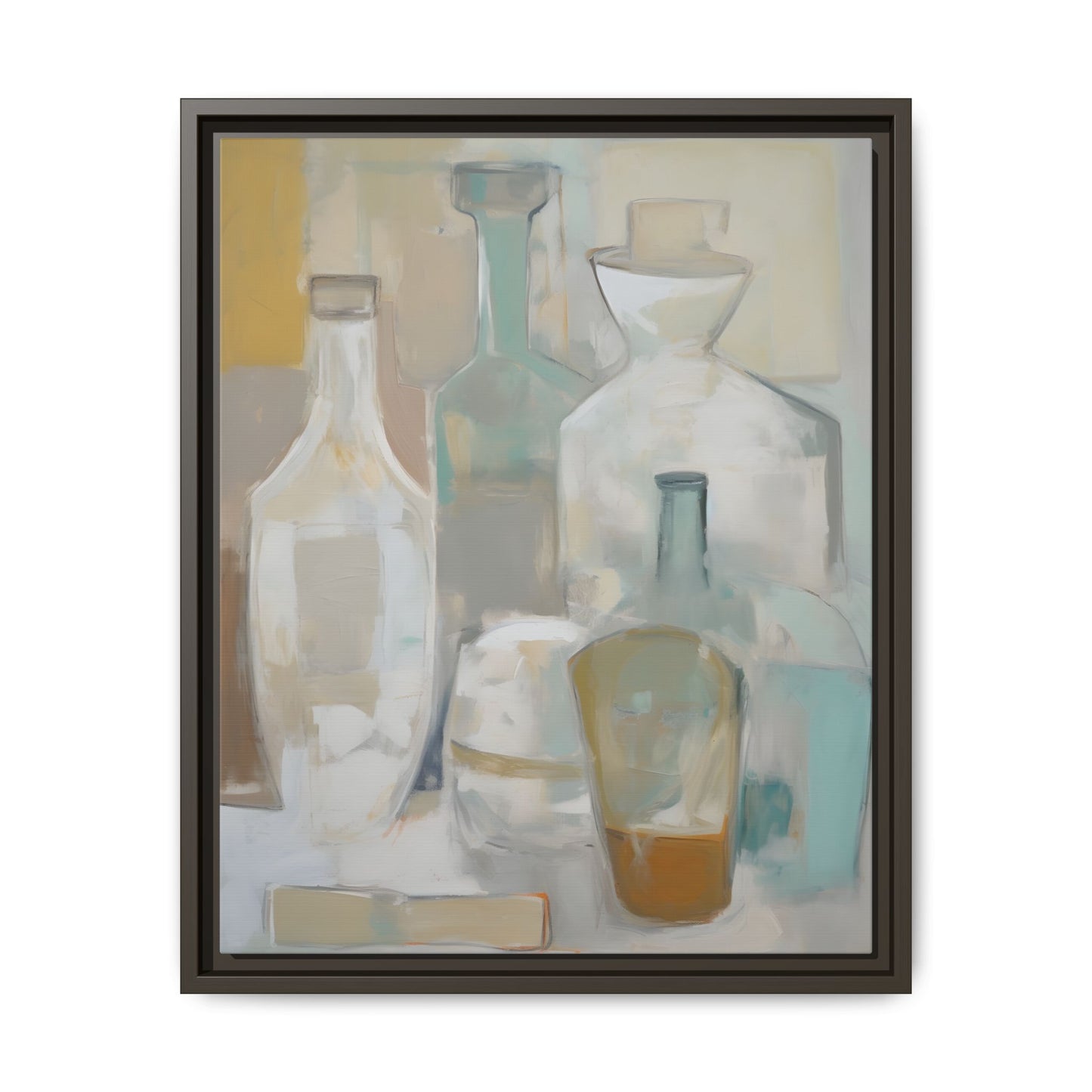 Modern Still Life Wall Art – Neutral Bottles Framed Canvas in Beige, Aqua & Amber