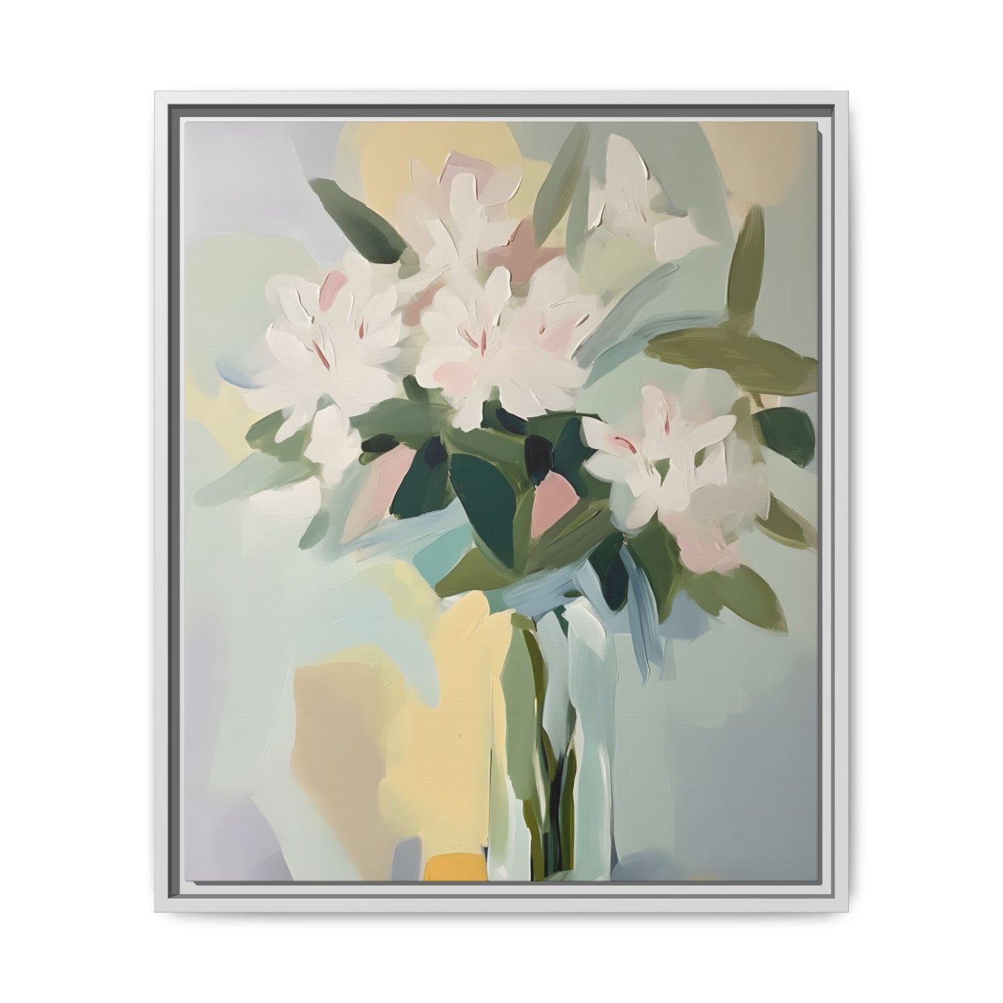 Soft Abstract Floral Wall Art – Framed Modern Canvas with White Flowers in Green Vase