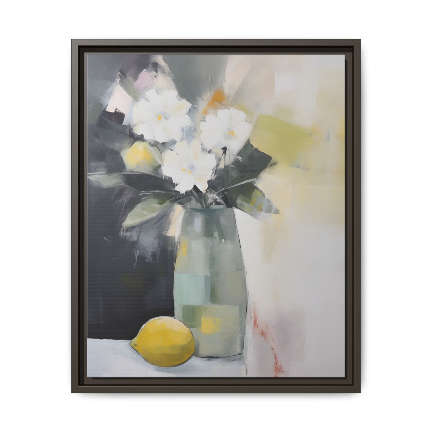 Modern Floral Still Life Wall Art – Framed Canvas with White Flowers and Lemon in Soft Green Vase