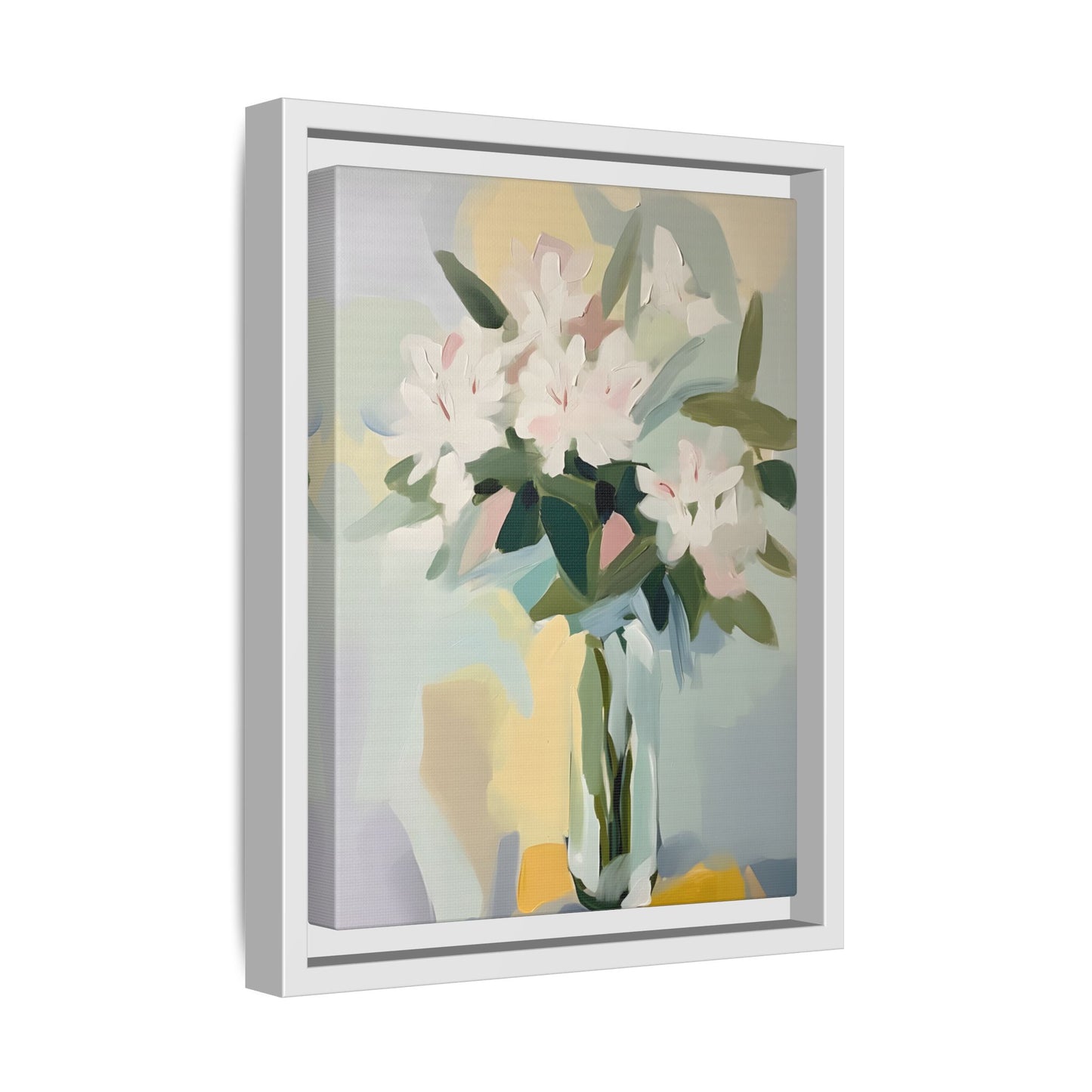 Soft Abstract Floral Wall Art – Framed Modern Canvas with White Flowers in Green Vase