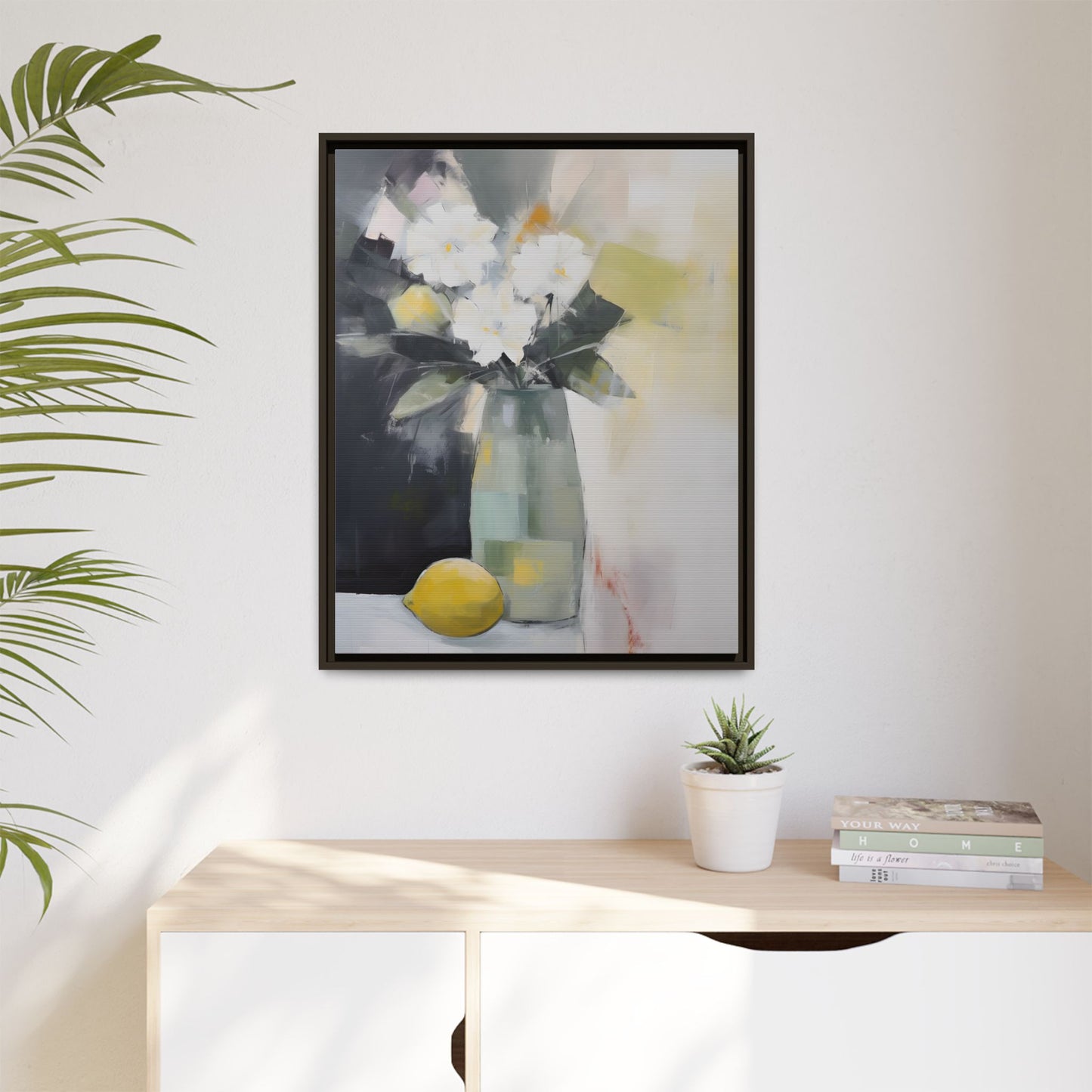 Modern Floral Still Life Wall Art – Framed Canvas with White Flowers and Lemon in Soft Green Vase
