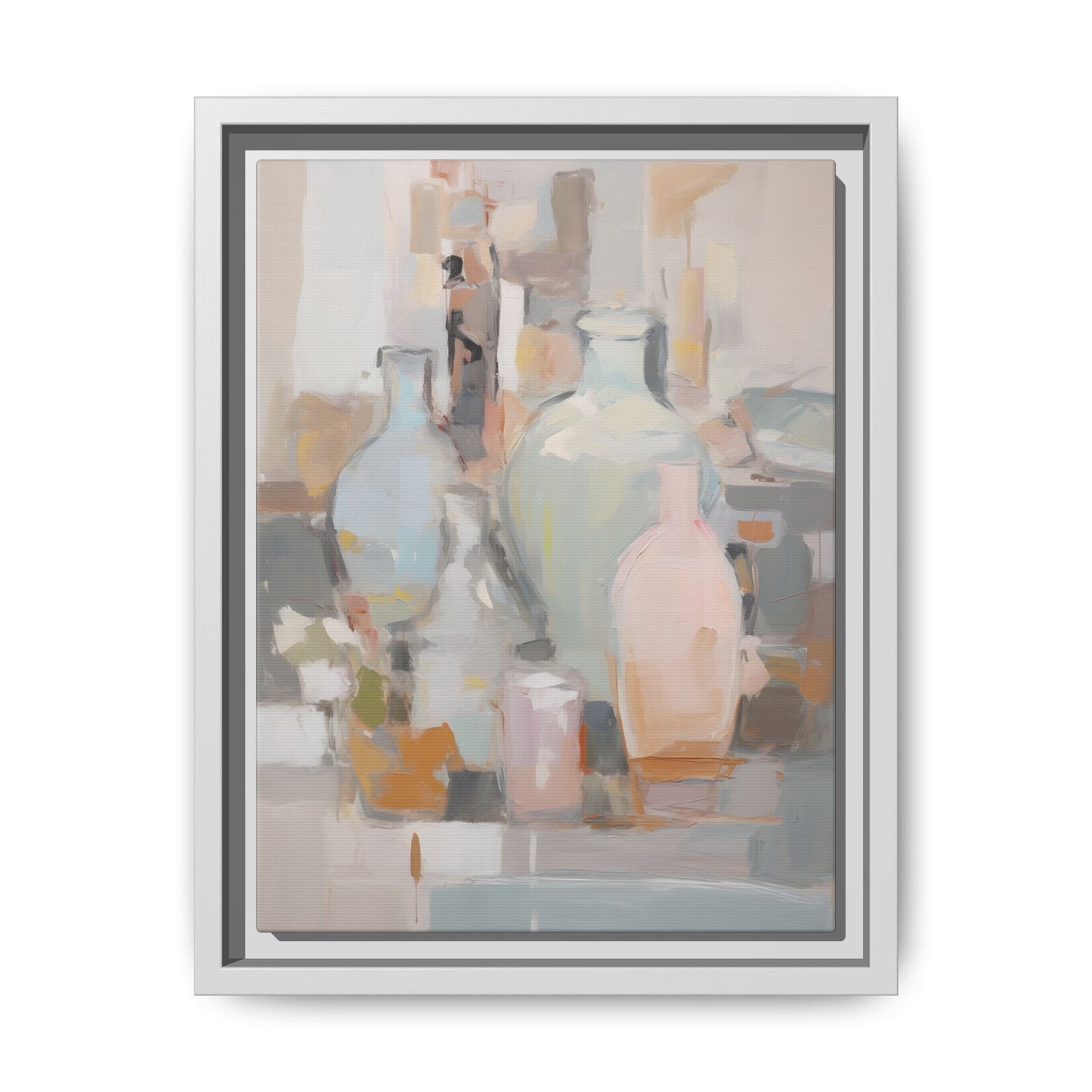 Modern Abstract Still Life Wall Art – Colorful Framed Canvas with Blue, Pink & Terracotta Bottles