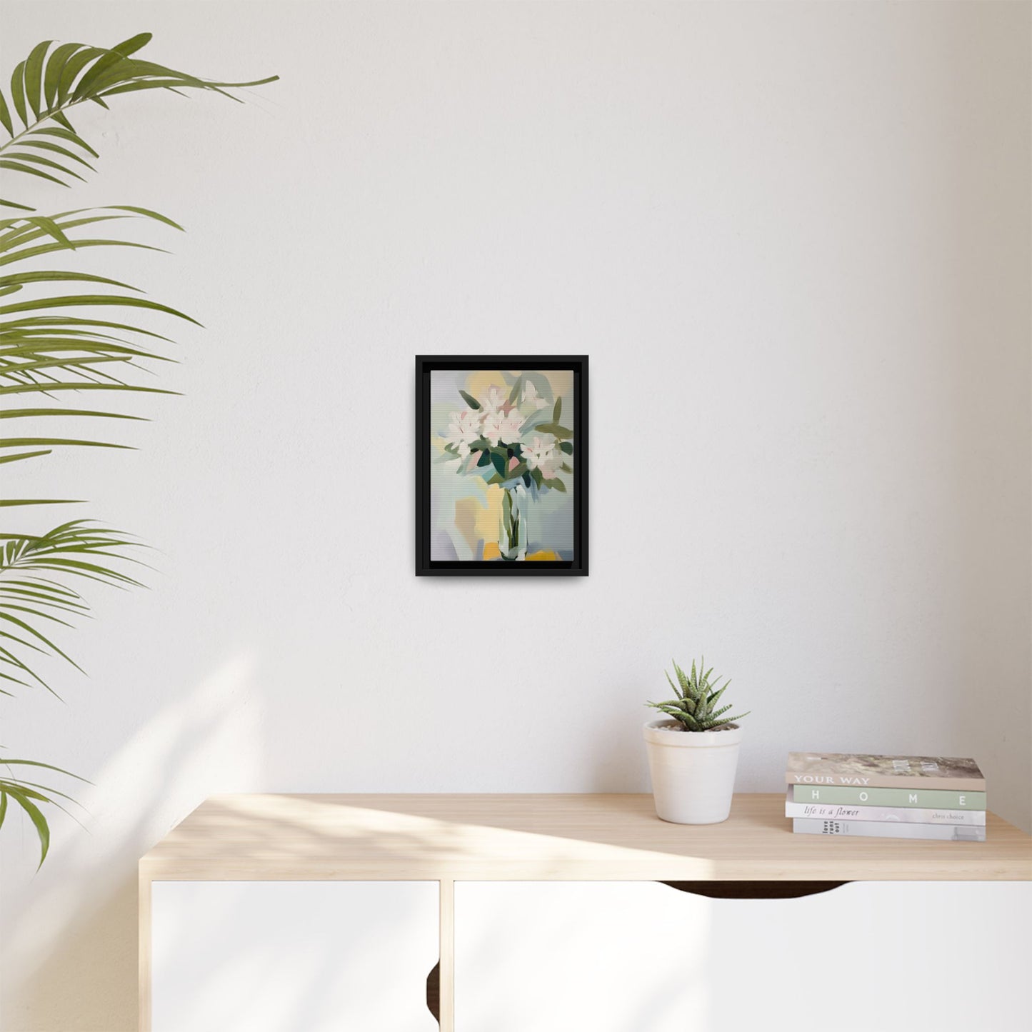 Soft Abstract Floral Wall Art – Framed Modern Canvas with White Flowers in Green Vase