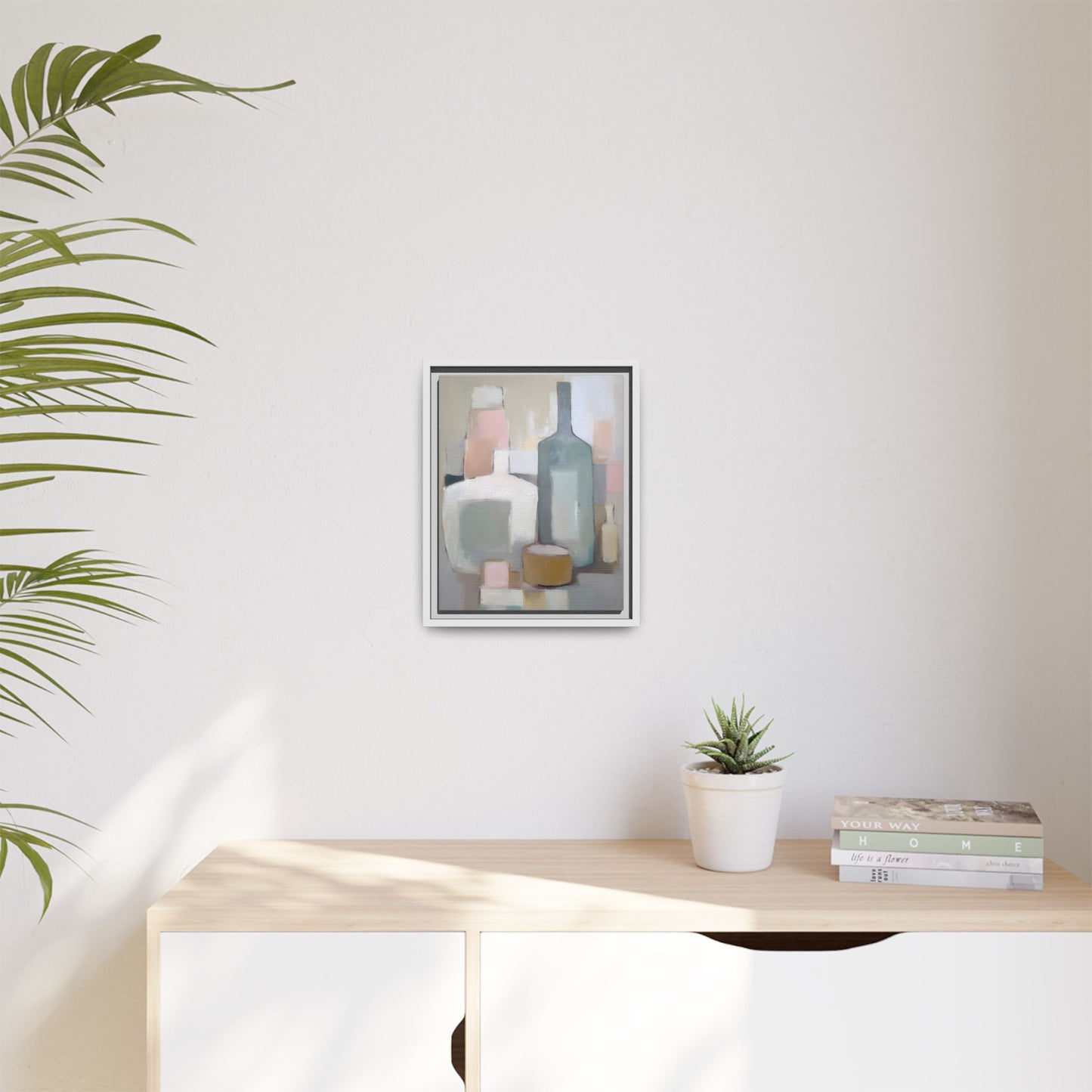 Modern Abstract Bottle Still Life Wall Art – Framed Canvas in Soft Pink, Blue, and Beige