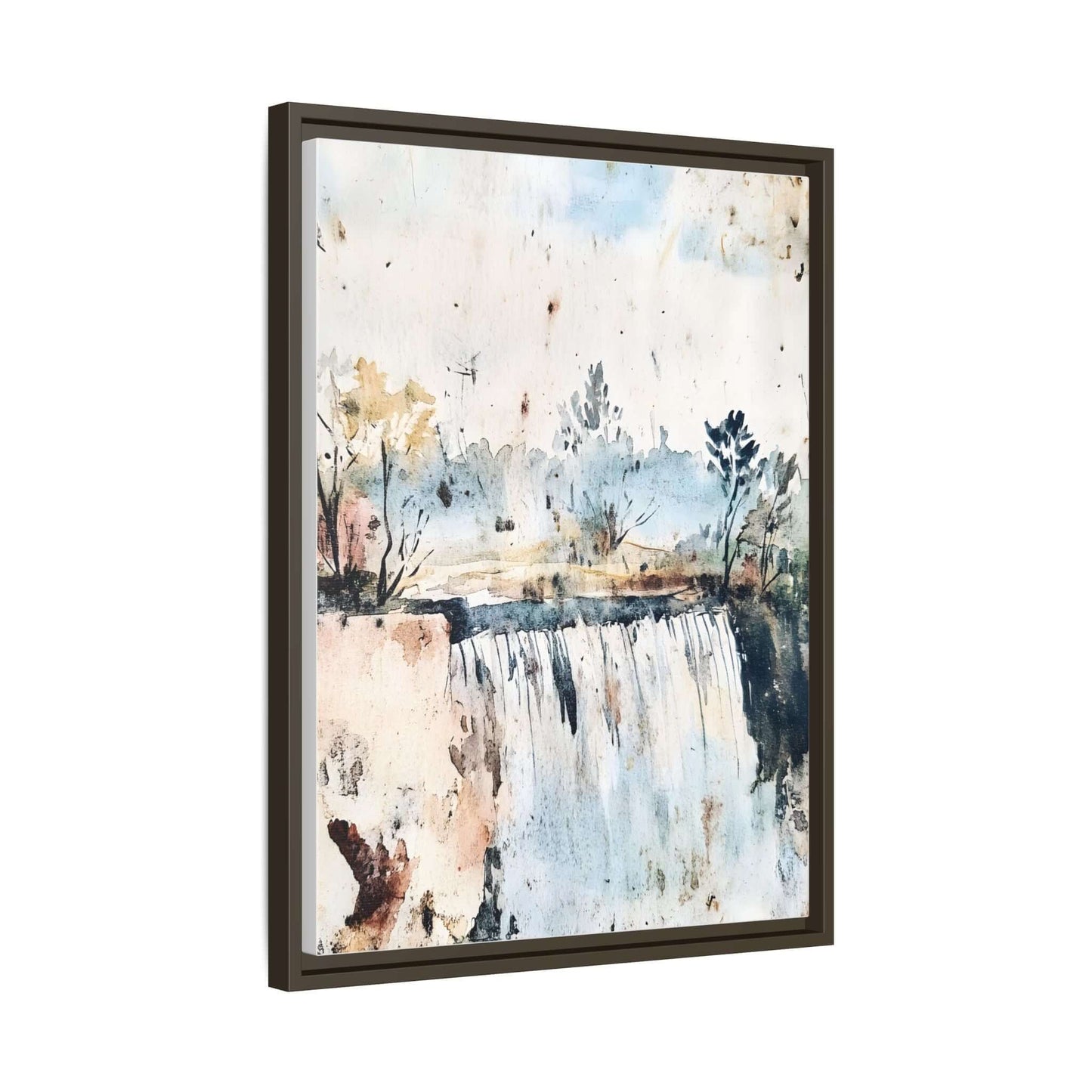 Framed watercolor wall art featuring a serene landscape with a waterfall and trees.