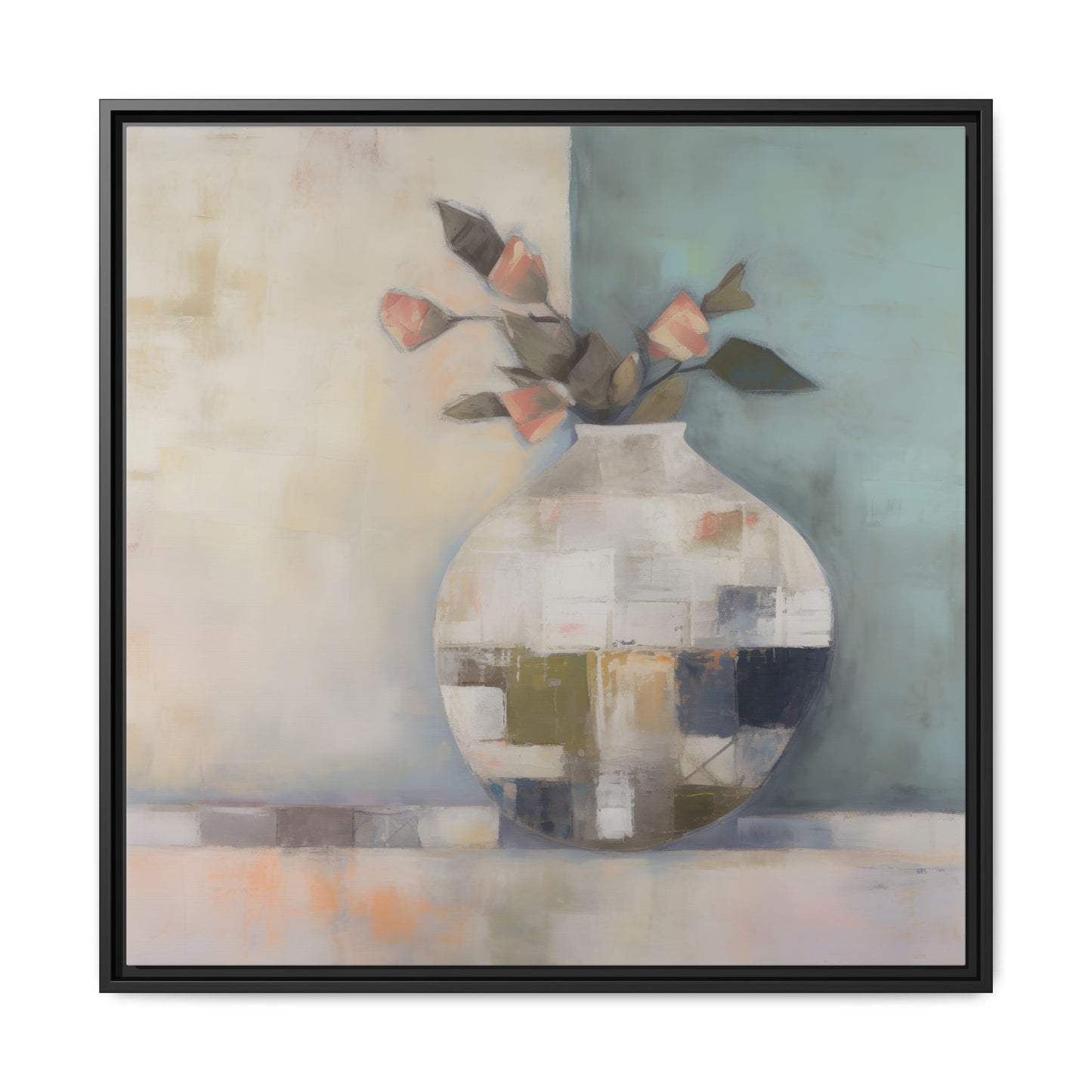 Geometric Floral Still Life Wall Art – Framed Abstract Canvas with Vase and Blush Pink Buds