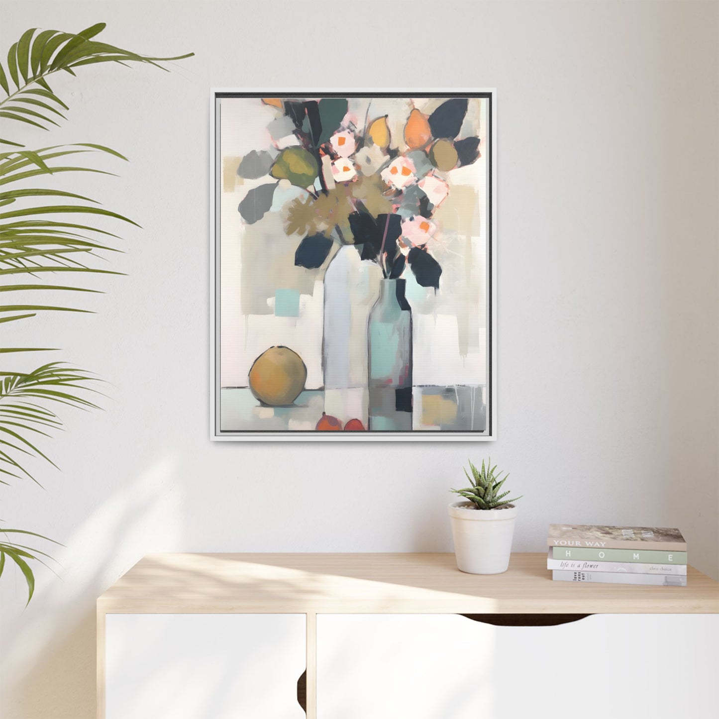 Modern Floral Still Life Wall Art – Framed Canvas with Bold Leaves and Citrus in Vase
