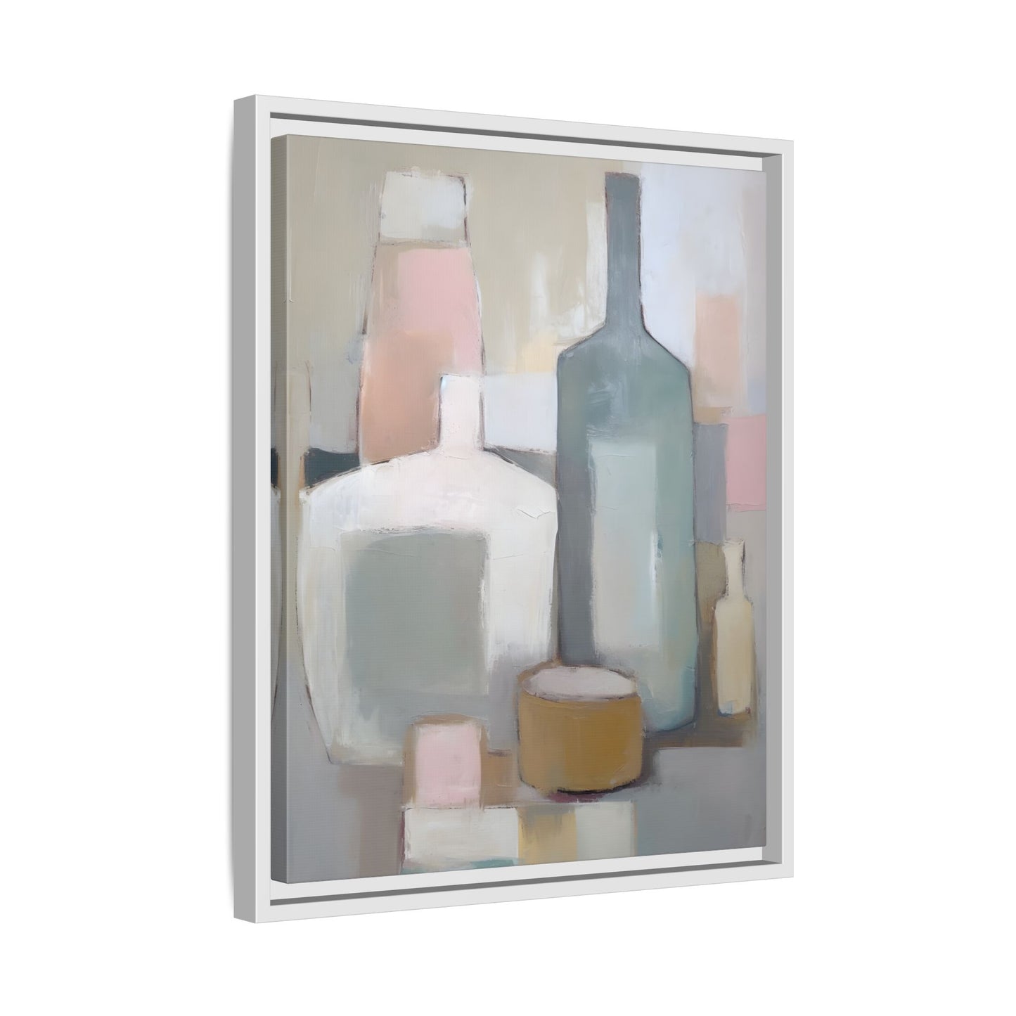 Modern Abstract Bottle Still Life Wall Art – Framed Canvas in Soft Pink, Blue, and Beige