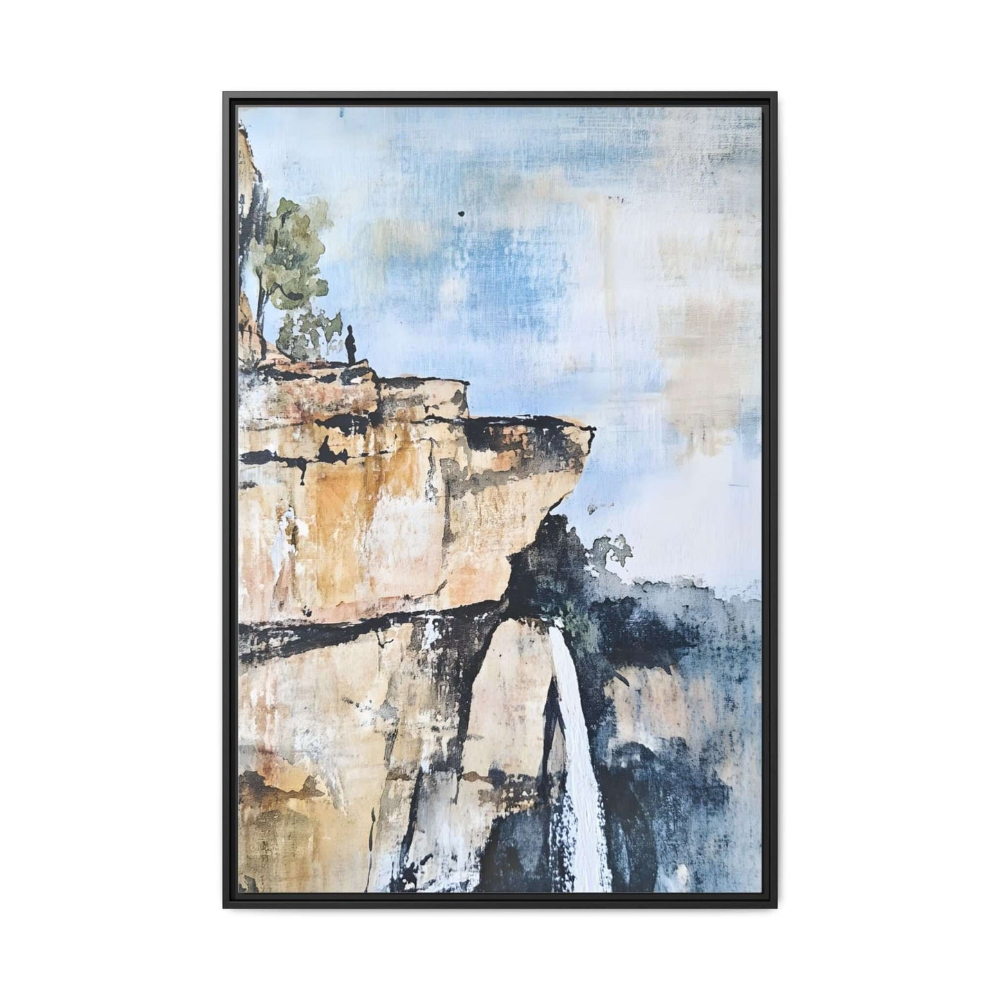 Impressionistic framed canvas wall art depicting a scenic landscape with a waterfall, designed to enhance tranquility in any room.