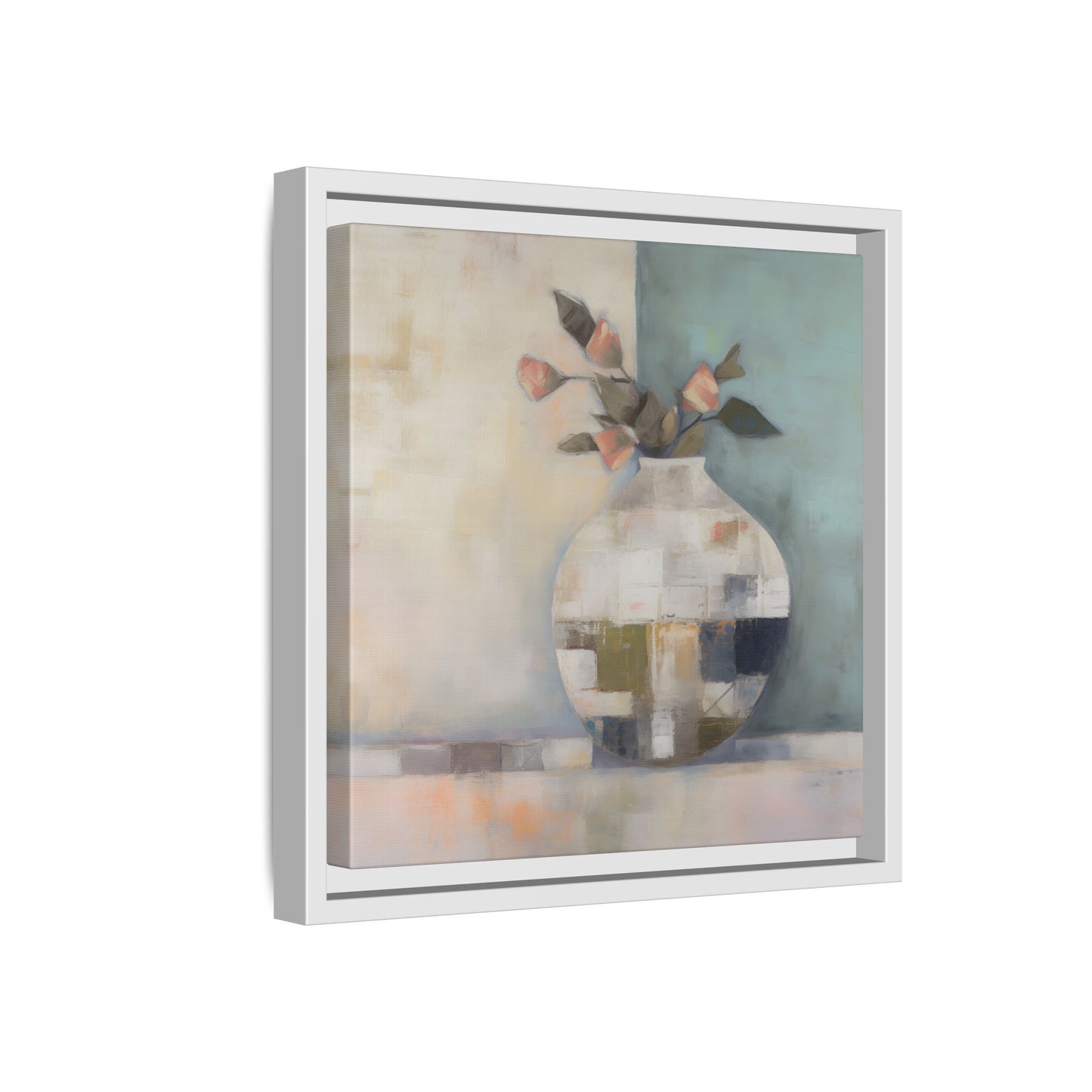 Geometric Floral Still Life Wall Art – Framed Abstract Canvas with Vase and Blush Pink Buds