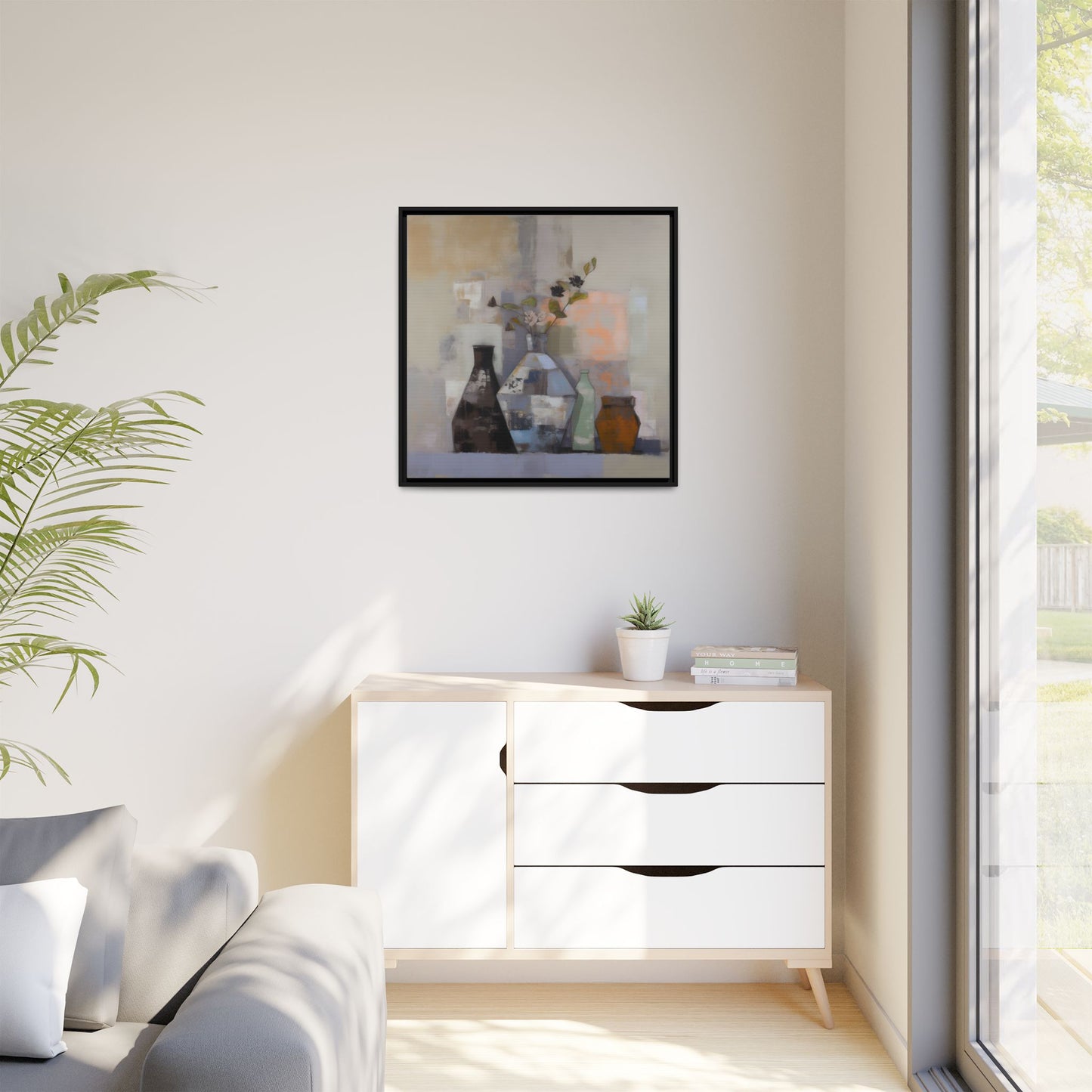 Earthy Bottle Still Life Wall Art – Framed Abstract Canvas with Geometric Vases in Neutral Tones