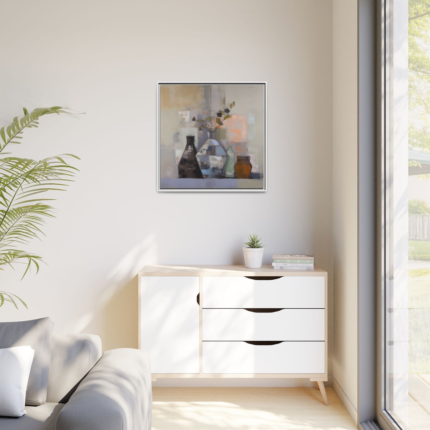Earthy Bottle Still Life Wall Art – Framed Abstract Canvas with Geometric Vases in Neutral Tones