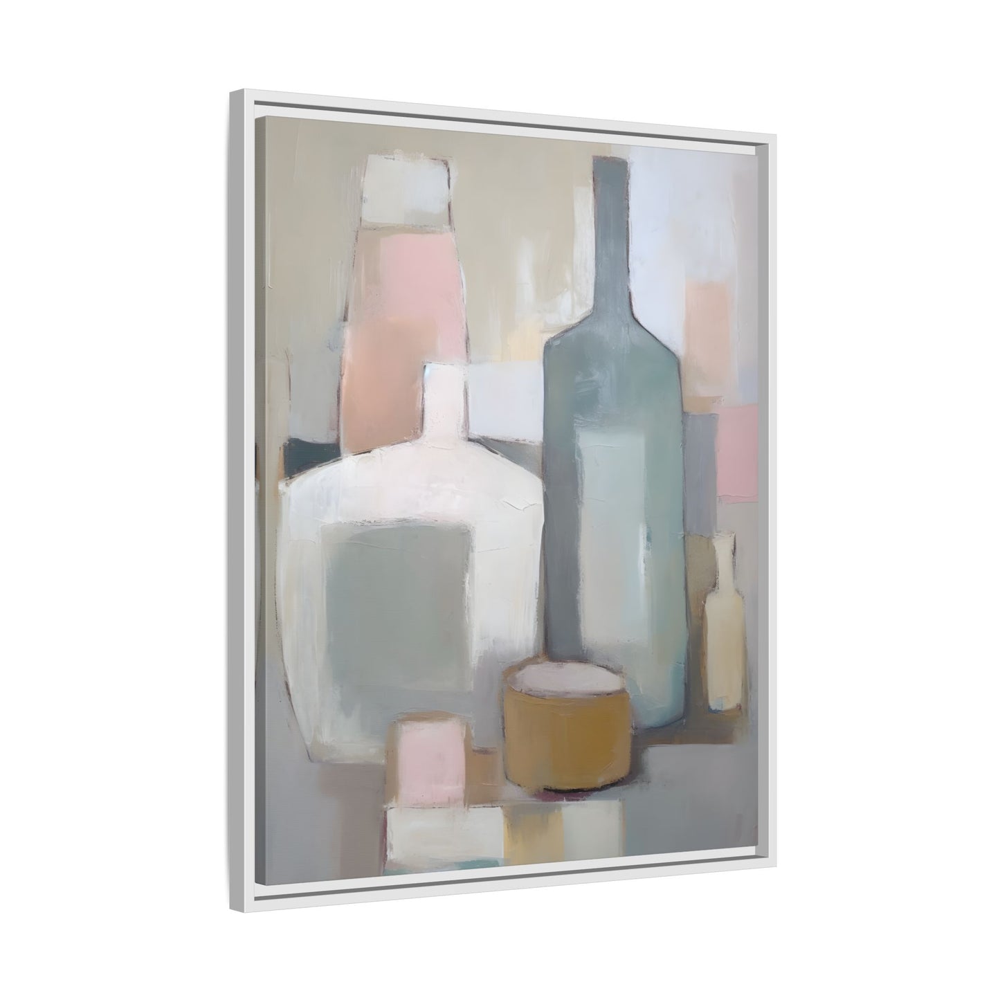 Modern Abstract Bottle Still Life Wall Art – Framed Canvas in Soft Pink, Blue, and Beige