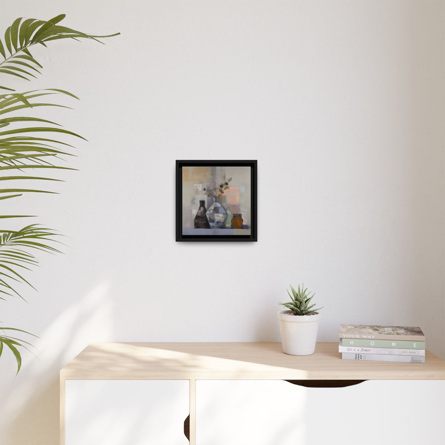 Earthy Bottle Still Life Wall Art – Framed Abstract Canvas with Geometric Vases in Neutral Tones