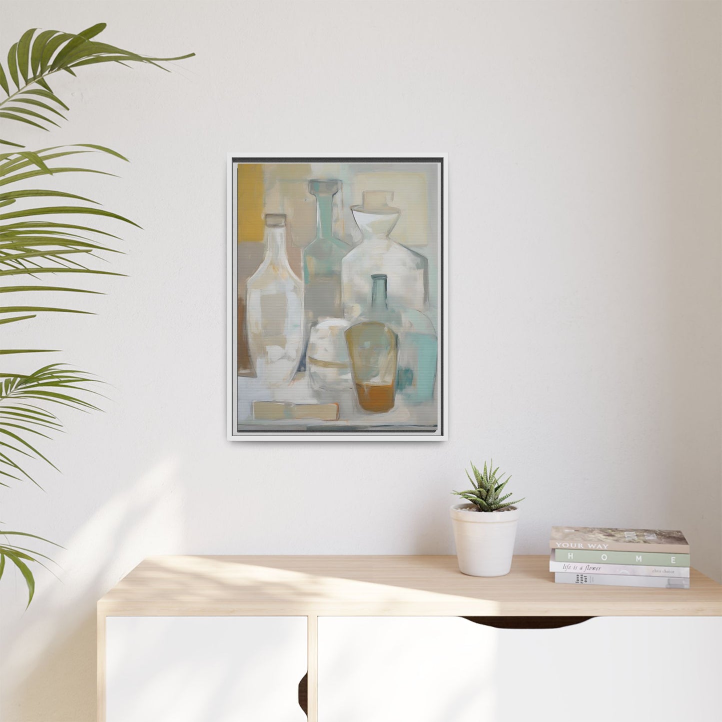 Modern Still Life Wall Art – Neutral Bottles Framed Canvas in Beige, Aqua & Amber