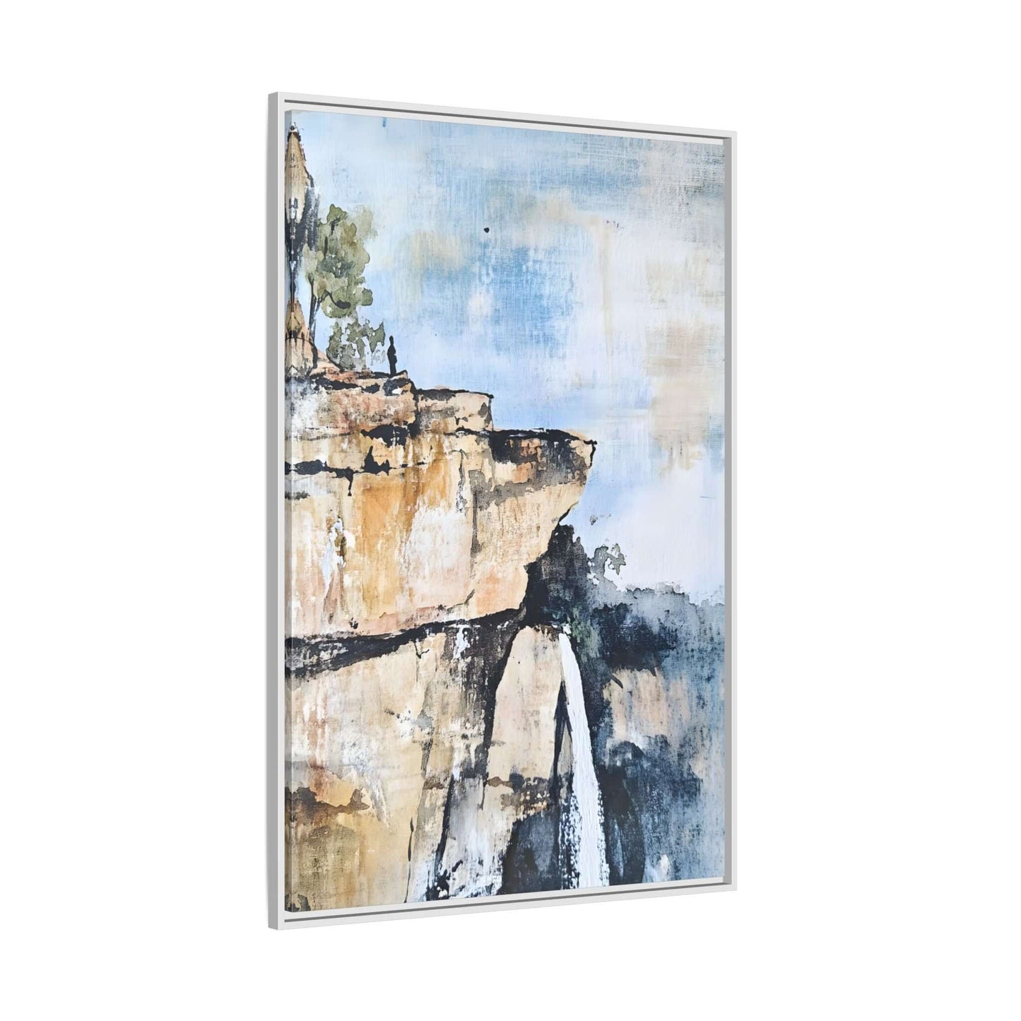 Impressionistic scenic landscape waterfall canvas art; framed wall decor for living room or bedroom, elegant and calming design.