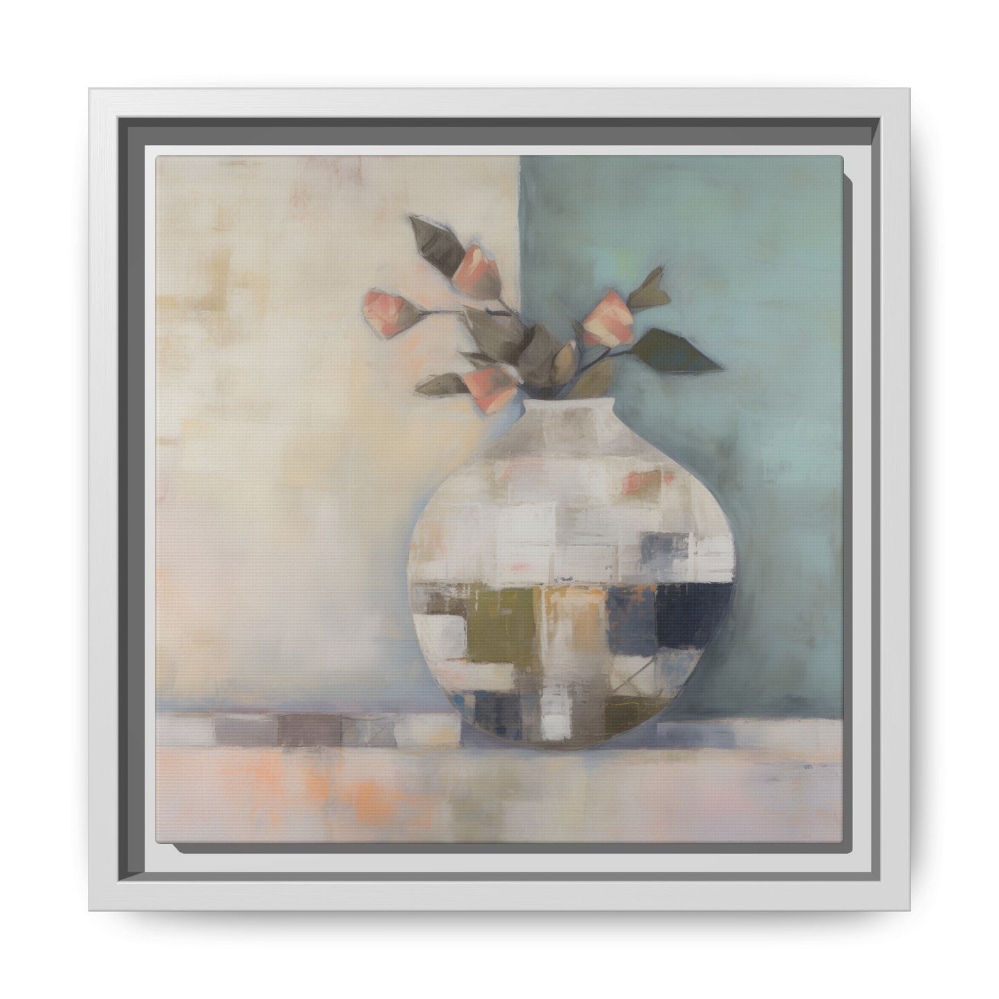 Geometric Floral Still Life Wall Art – Framed Abstract Canvas with Vase and Blush Pink Buds