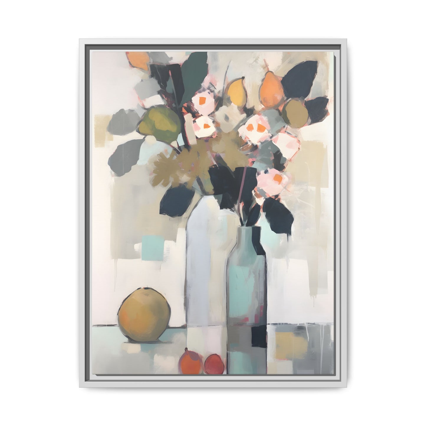 Modern Floral Still Life Wall Art – Framed Canvas with Bold Leaves and Citrus in Vase