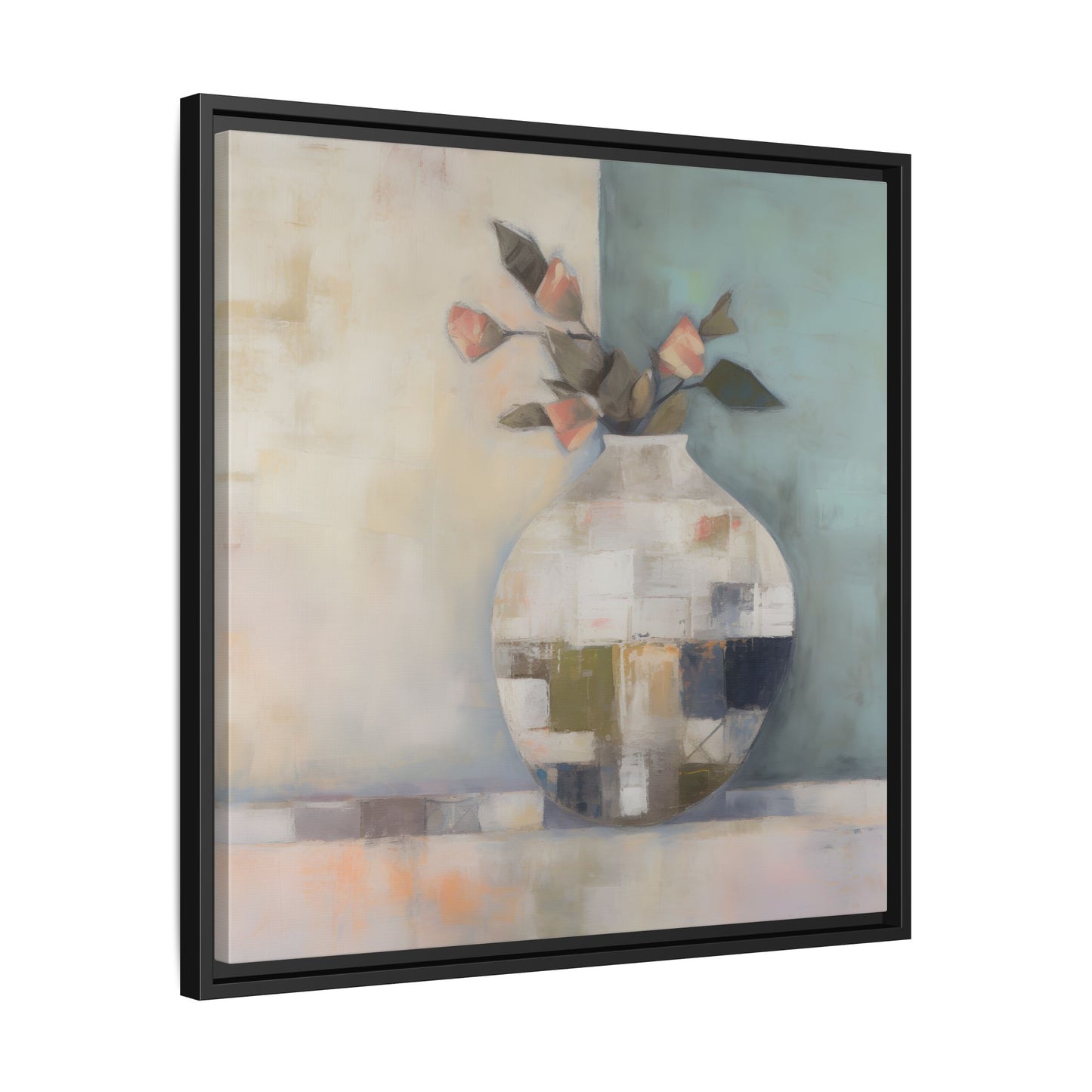 Geometric Floral Still Life Wall Art – Framed Abstract Canvas with Vase and Blush Pink Buds