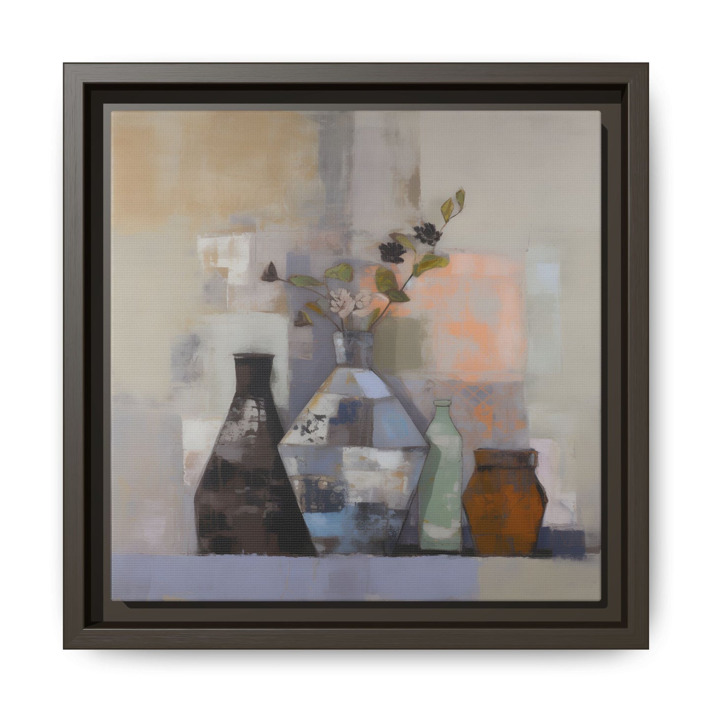 Earthy Bottle Still Life Wall Art – Framed Abstract Canvas with Geometric Vases in Neutral Tones