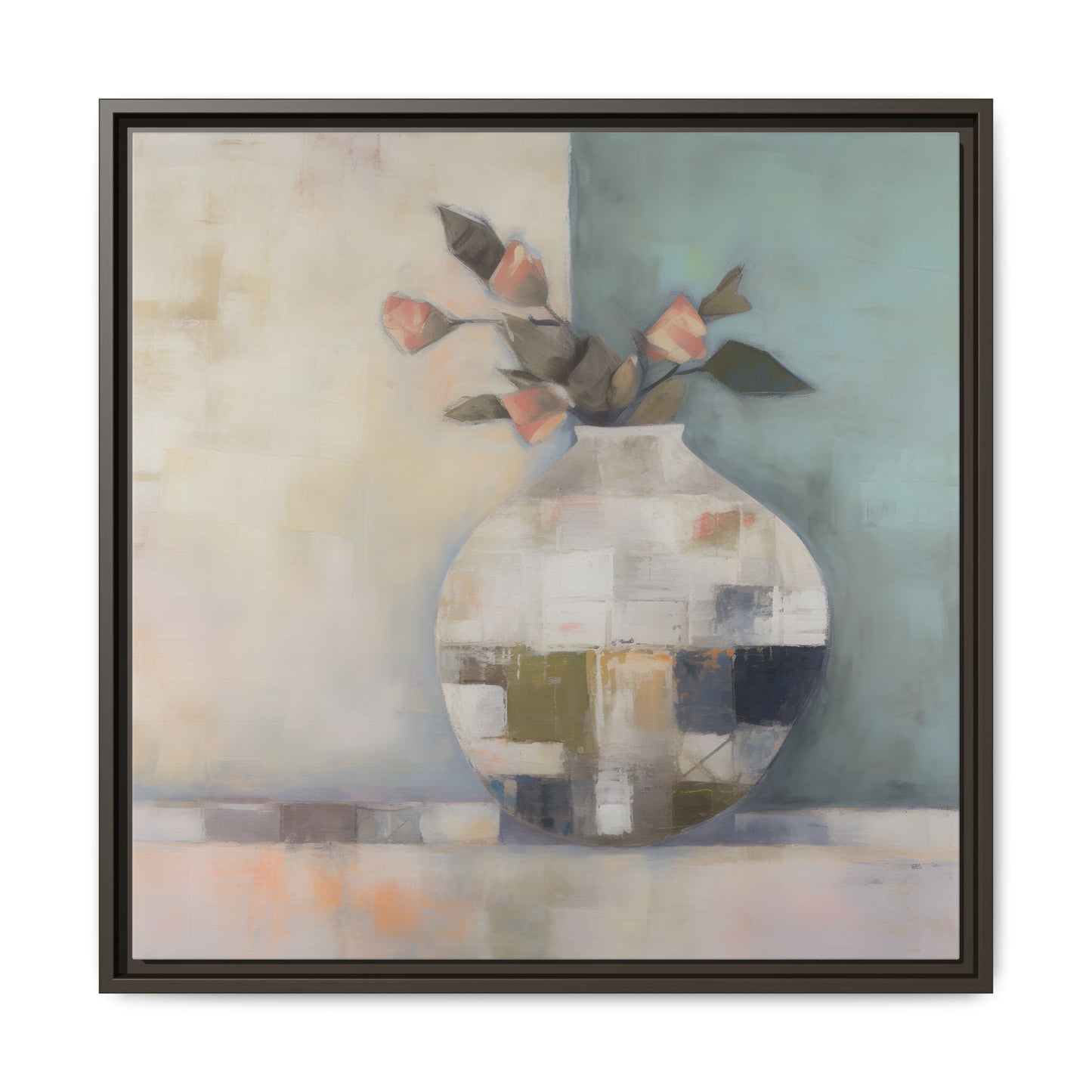 Geometric Floral Still Life Wall Art – Framed Abstract Canvas with Vase and Blush Pink Buds