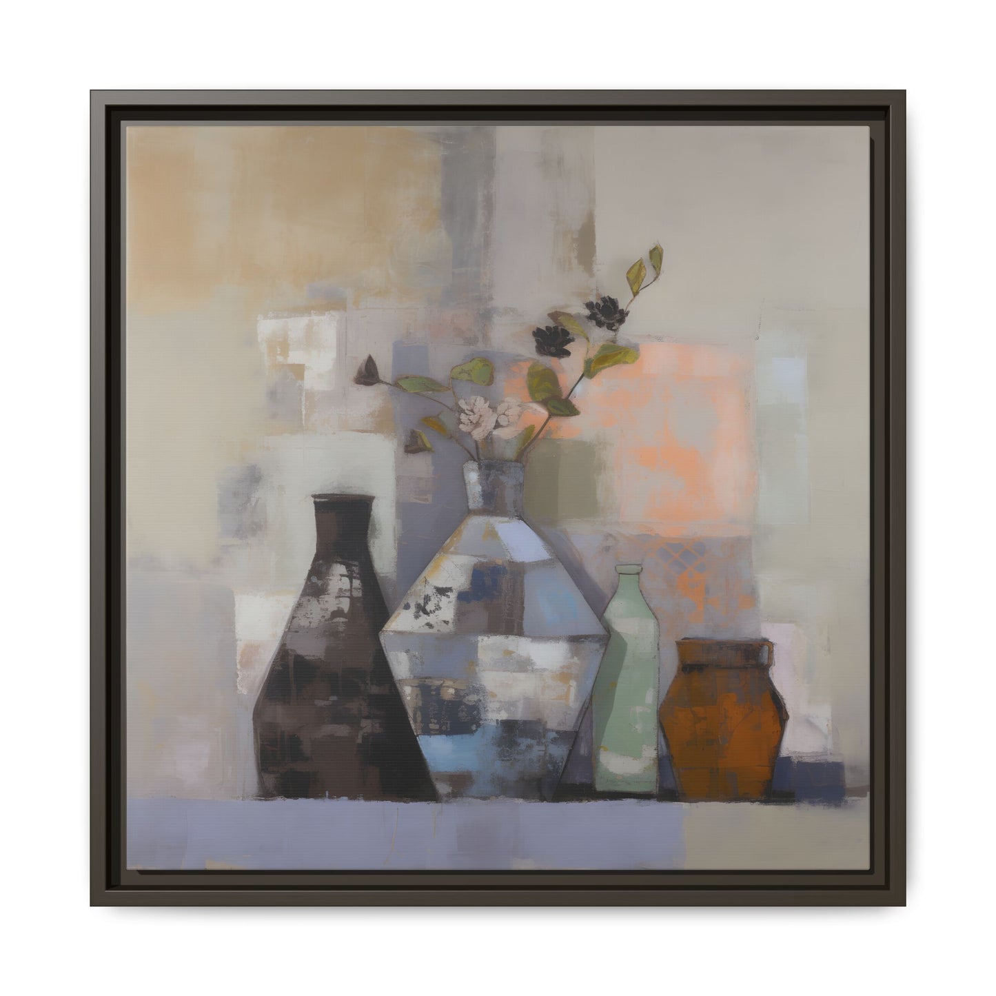 Earthy Bottle Still Life Wall Art – Framed Abstract Canvas with Geometric Vases in Neutral Tones