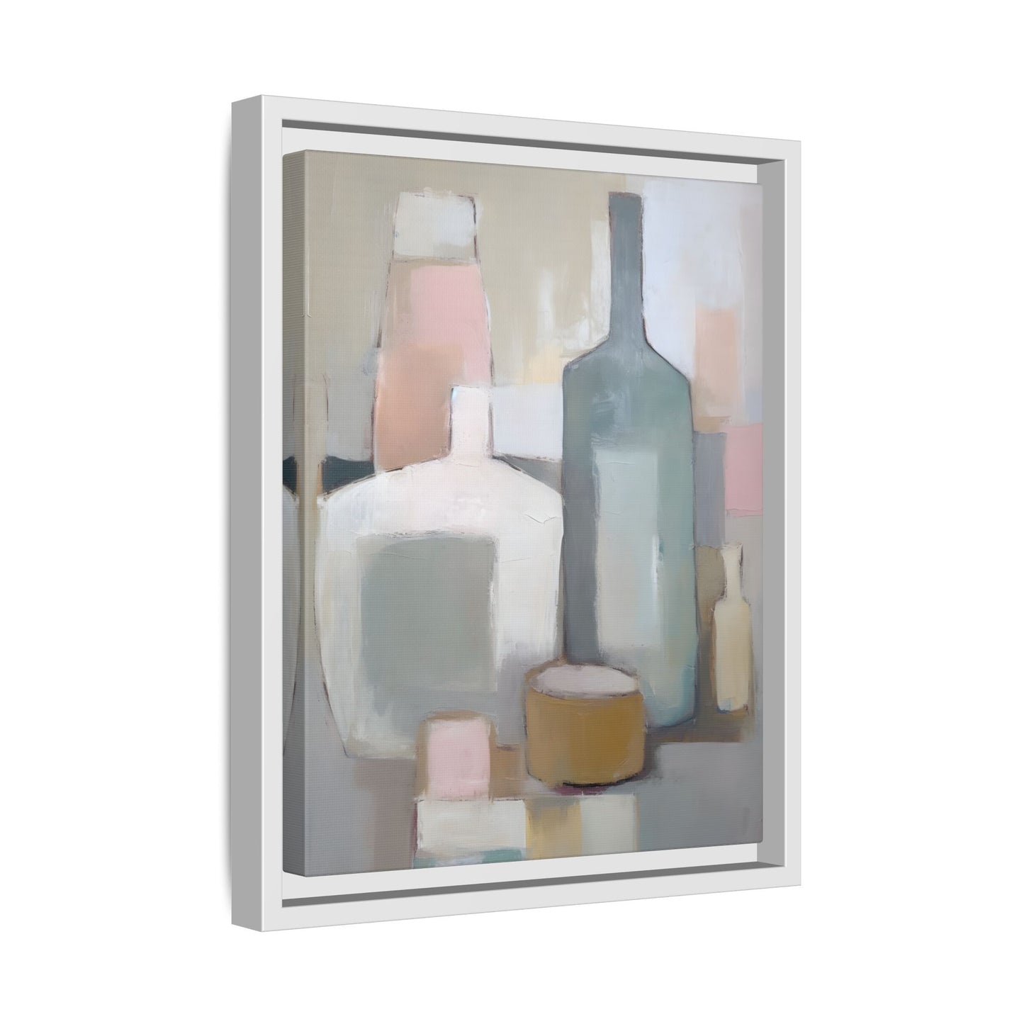 Modern Abstract Bottle Still Life Wall Art – Framed Canvas in Soft Pink, Blue, and Beige