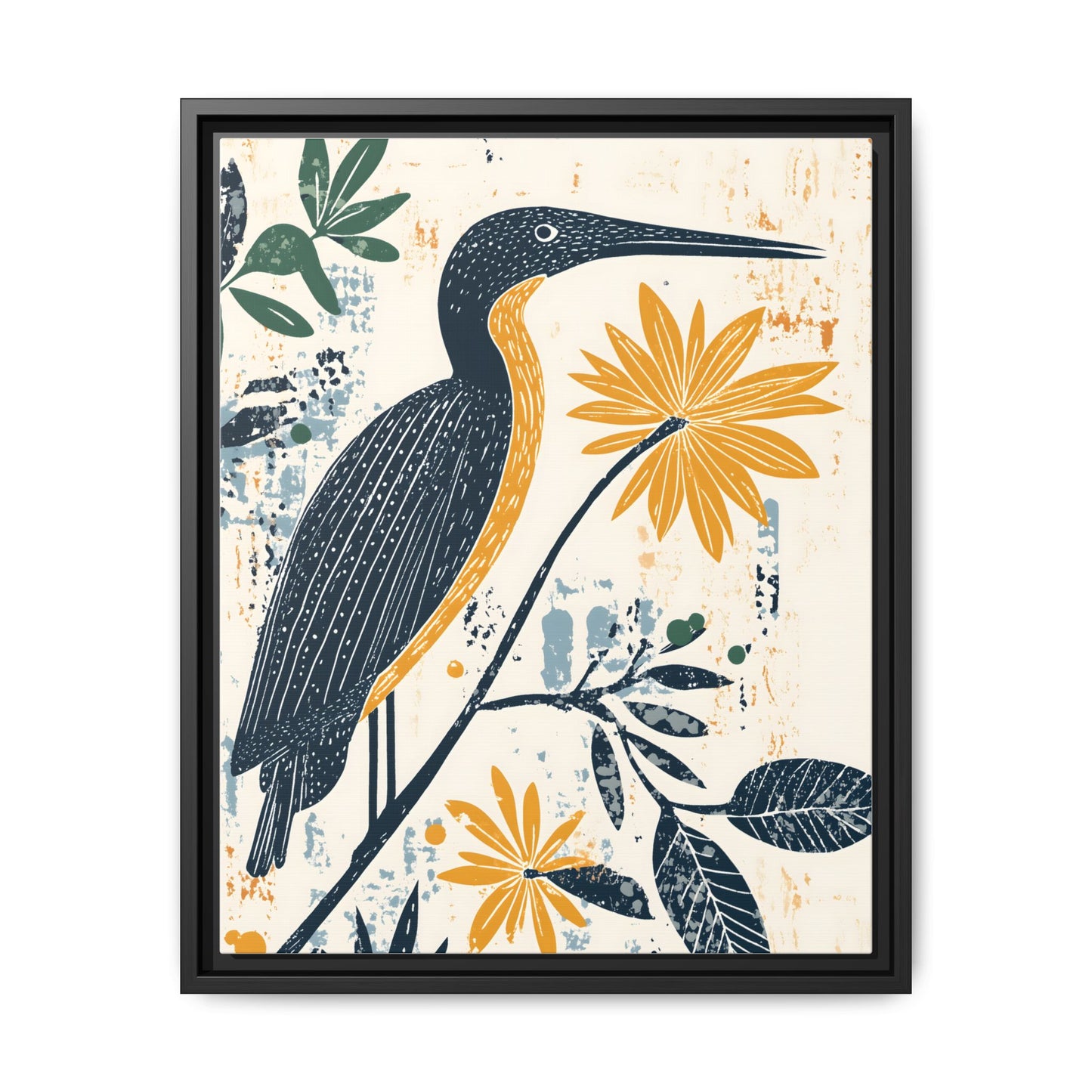 Colorful Bird and Flower Framed Matte Canvas Art