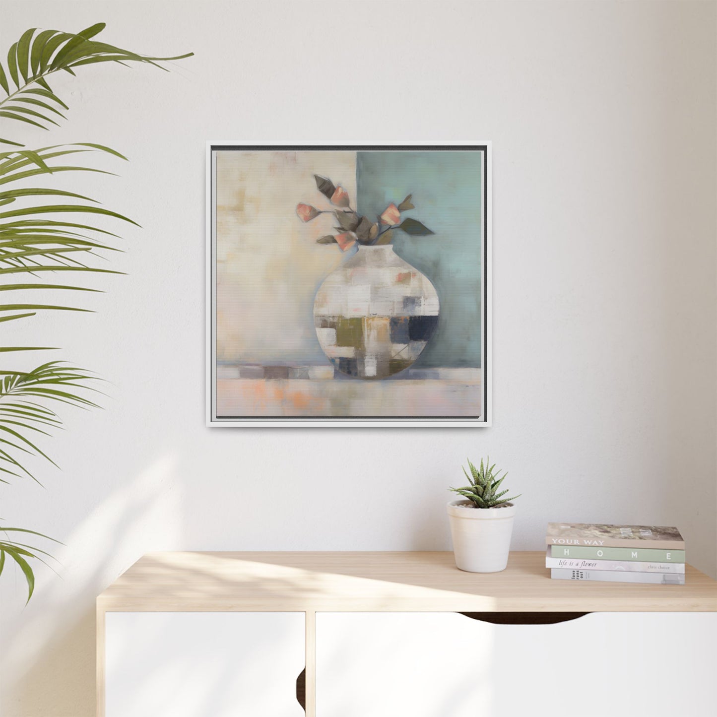Geometric Floral Still Life Wall Art – Framed Abstract Canvas with Vase and Blush Pink Buds