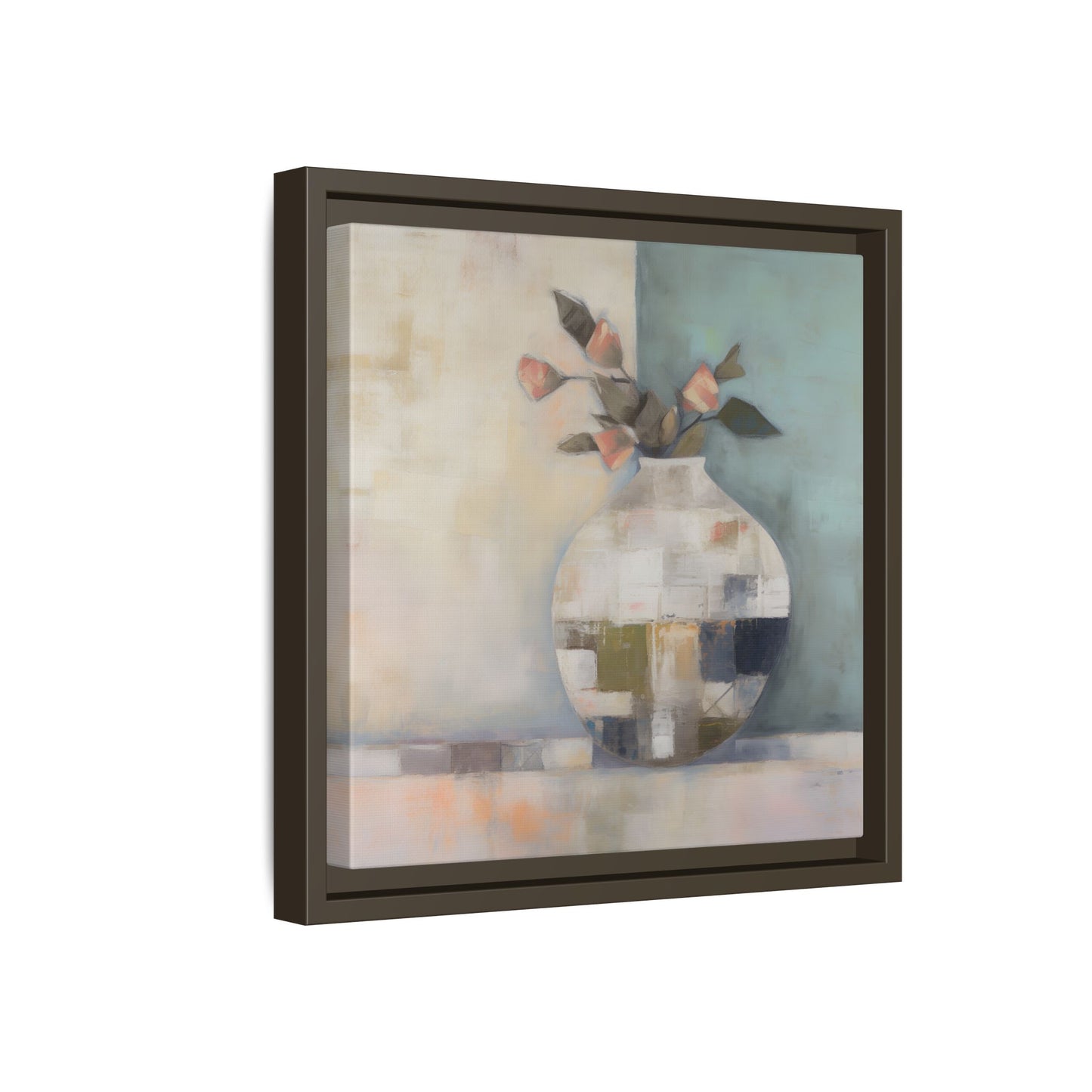 Geometric Floral Still Life Wall Art – Framed Abstract Canvas with Vase and Blush Pink Buds