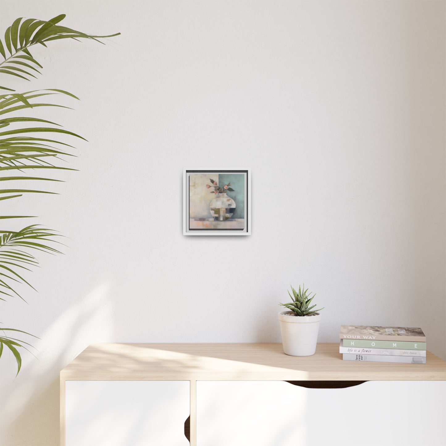 Geometric Floral Still Life Wall Art – Framed Abstract Canvas with Vase and Blush Pink Buds