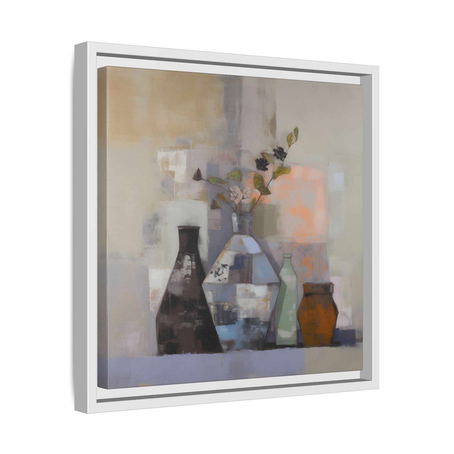Earthy Bottle Still Life Wall Art – Framed Abstract Canvas with Geometric Vases in Neutral Tones