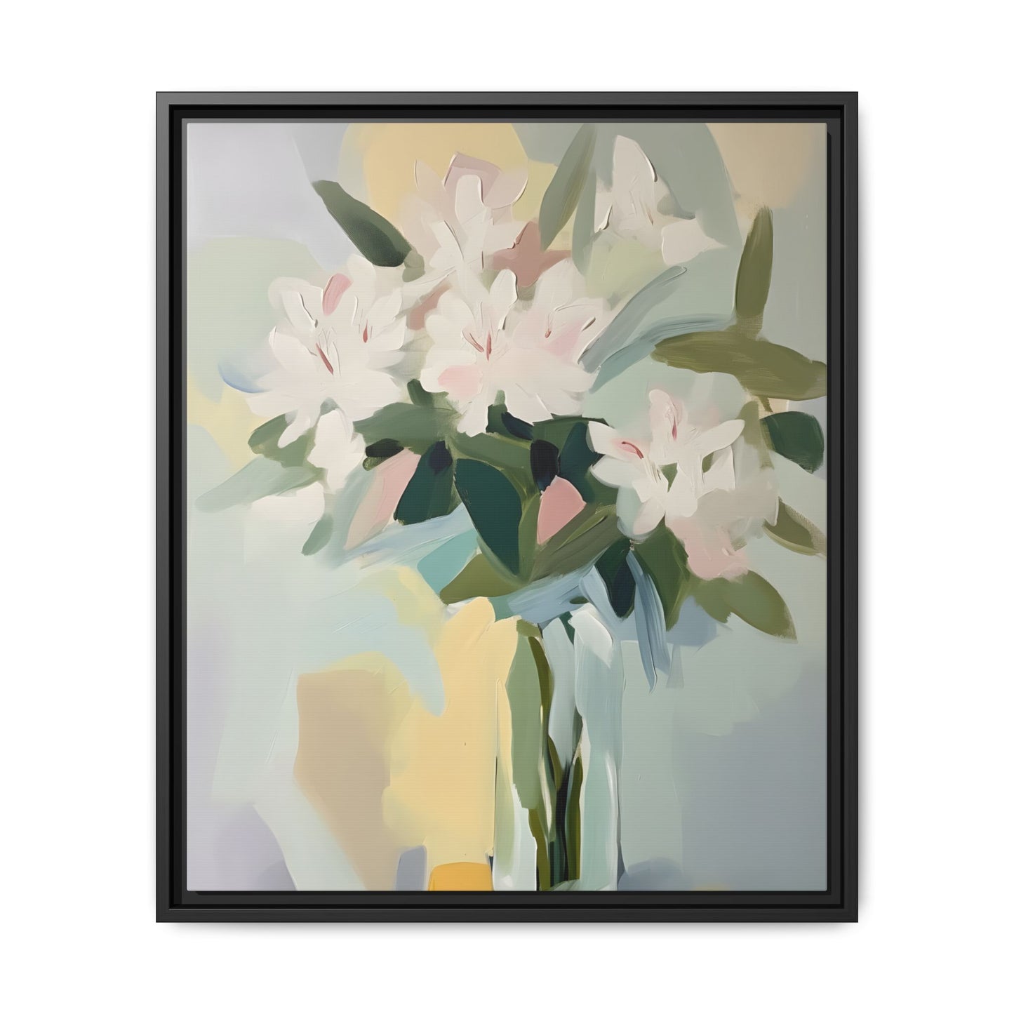 Soft Abstract Floral Wall Art – Framed Modern Canvas with White Flowers in Green Vase