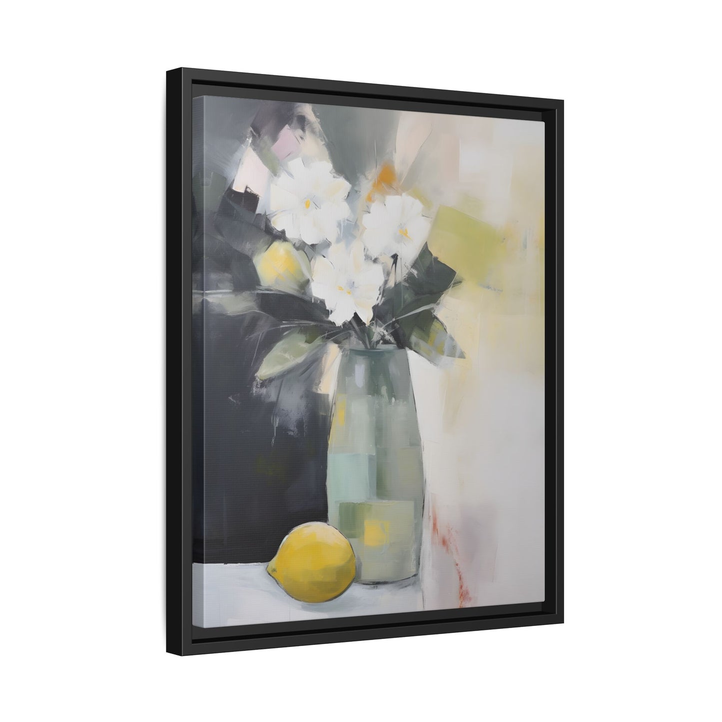 Modern Floral Still Life Wall Art – Framed Canvas with White Flowers and Lemon in Soft Green Vase