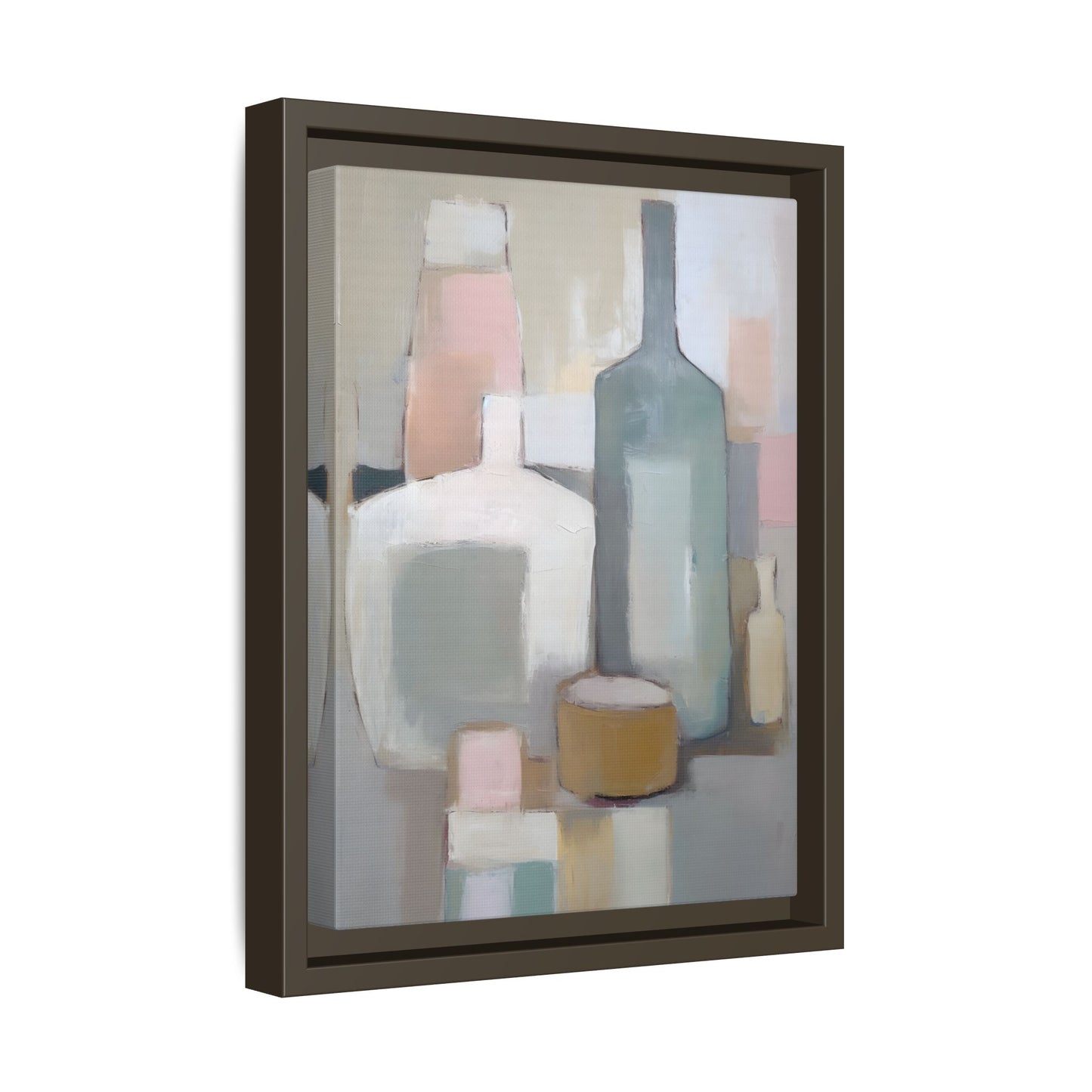 Modern Abstract Bottle Still Life Wall Art – Framed Canvas in Soft Pink, Blue, and Beige