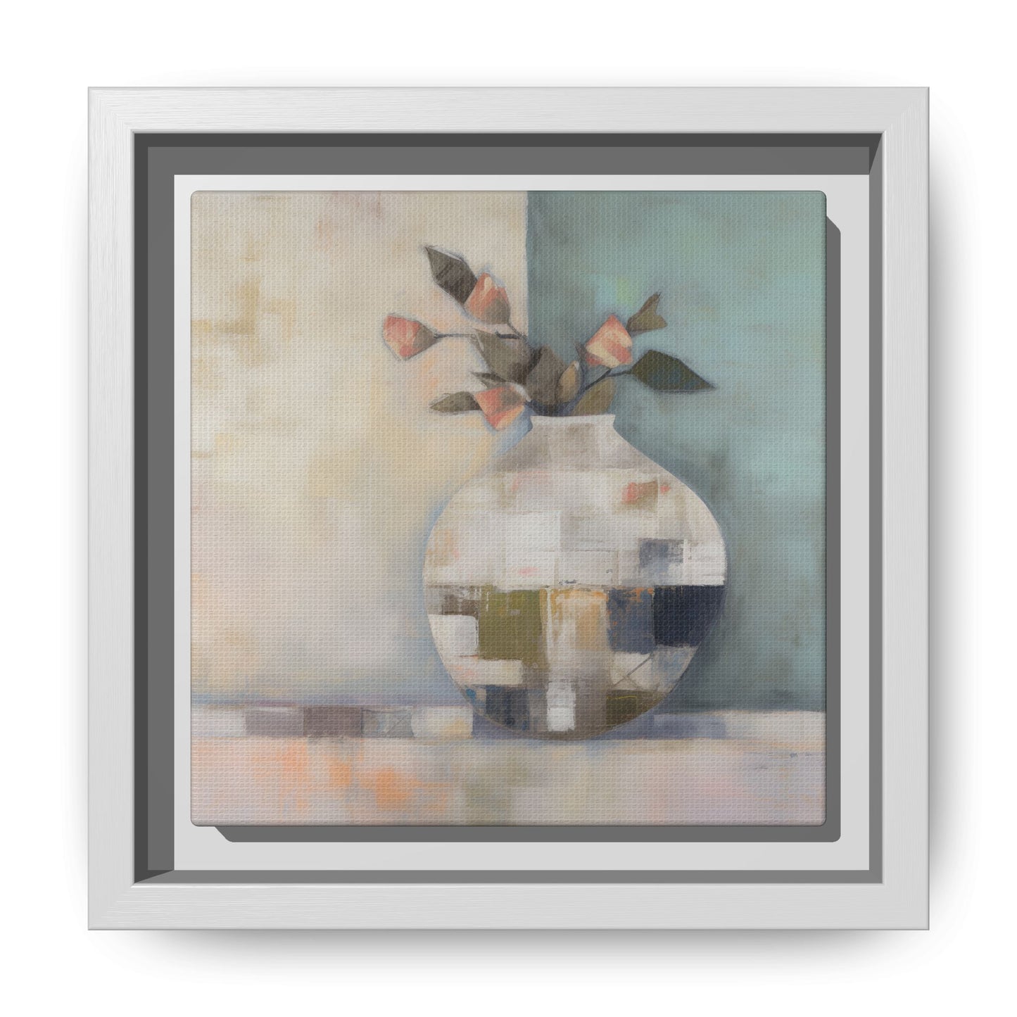 Geometric Floral Still Life Wall Art – Framed Abstract Canvas with Vase and Blush Pink Buds