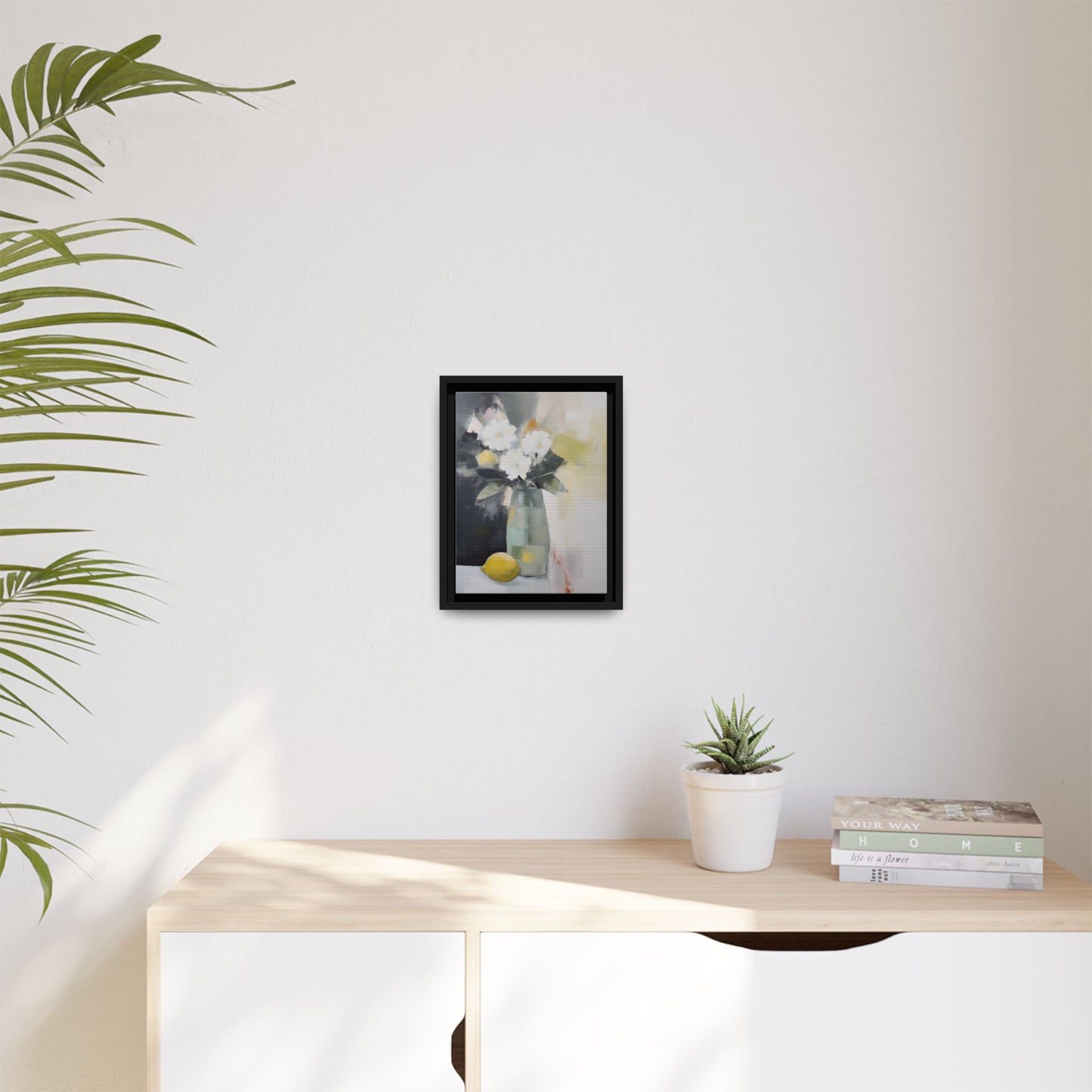 Modern Floral Still Life Wall Art – Framed Canvas with White Flowers and Lemon in Soft Green Vase