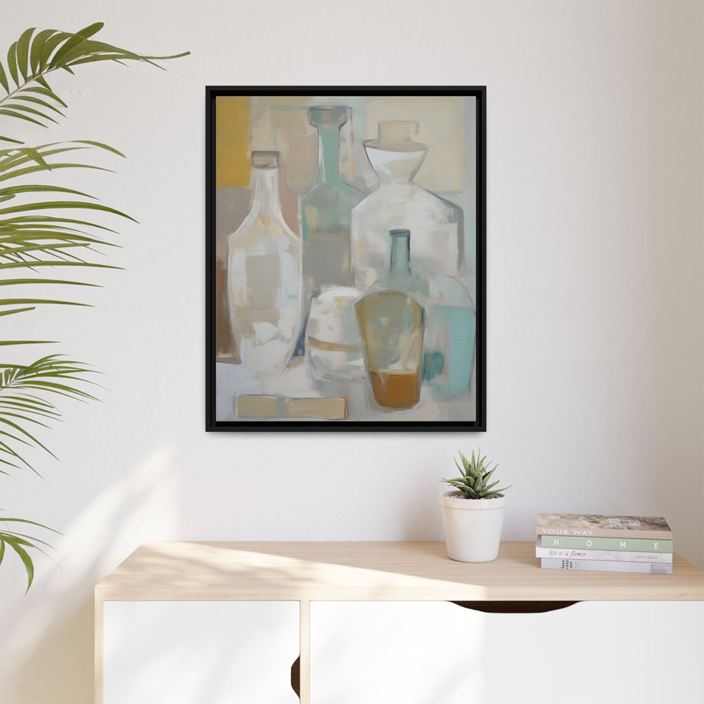 Modern Still Life Wall Art – Neutral Bottles Framed Canvas in Beige, Aqua & Amber