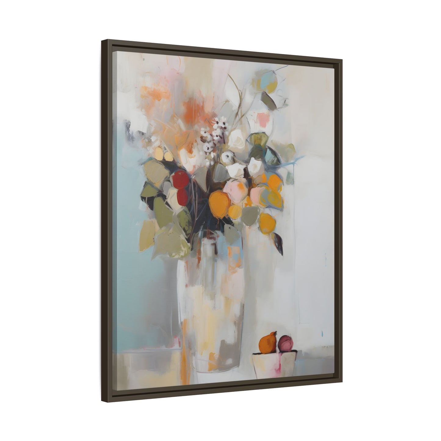 Colorful Floral Still Life Wall Art – Framed Abstract Canvas with Bright Blooms and Fruit Bowl