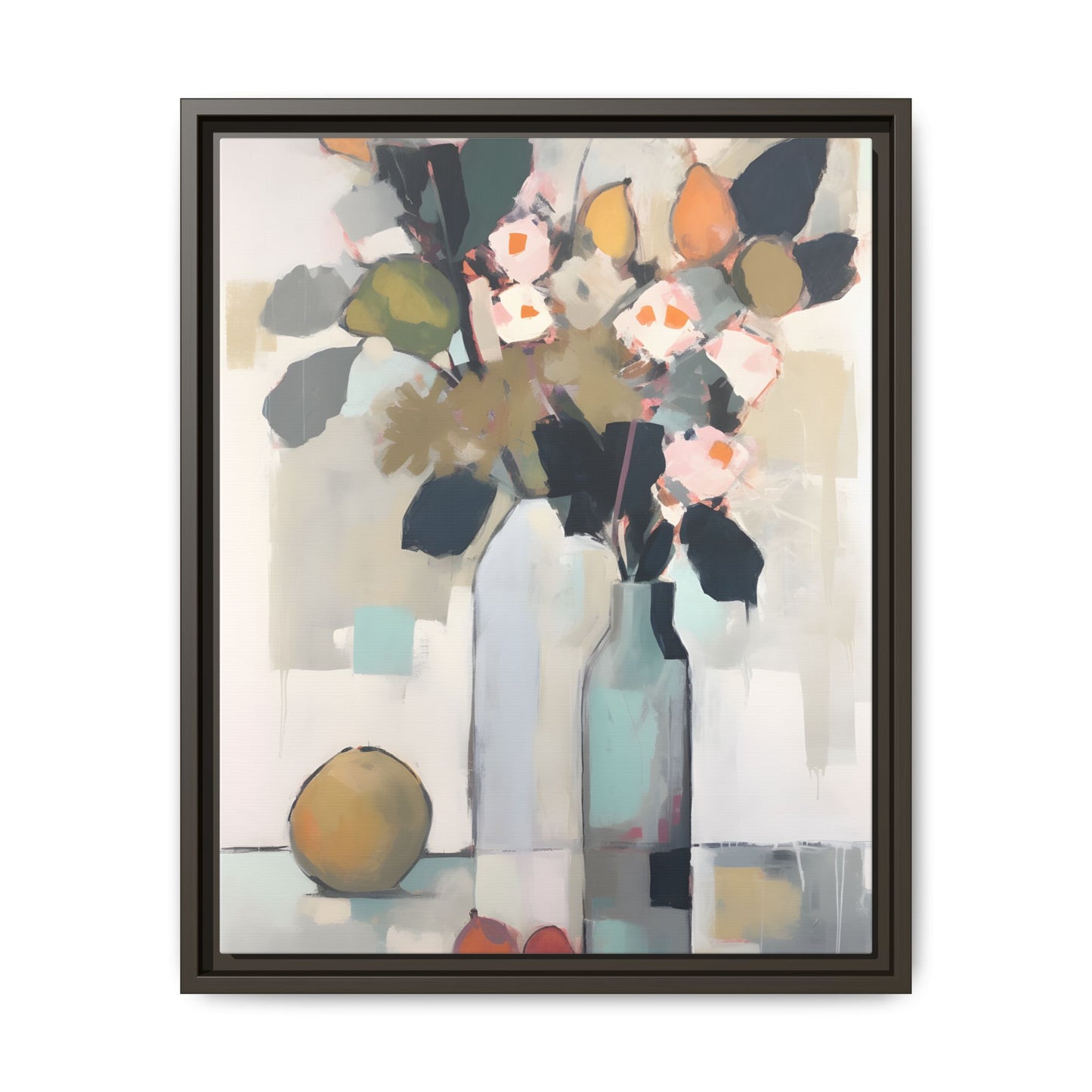 Modern Floral Still Life Wall Art – Framed Canvas with Bold Leaves and Citrus in Vase