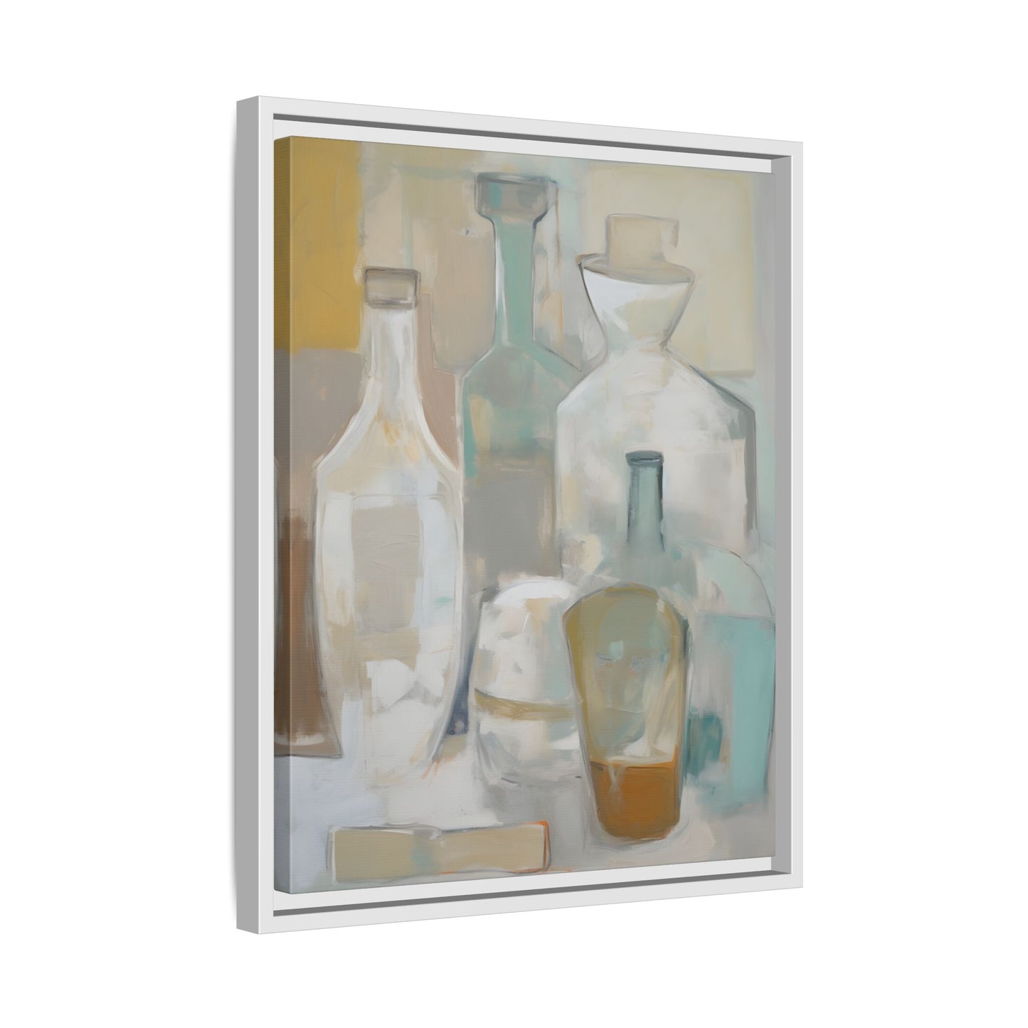 Modern Still Life Wall Art – Neutral Bottles Framed Canvas in Beige, Aqua & Amber