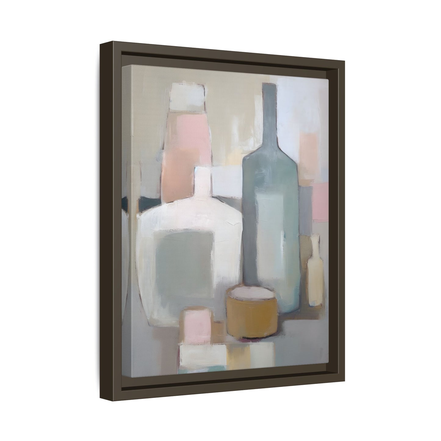 Modern Abstract Bottle Still Life Wall Art – Framed Canvas in Soft Pink, Blue, and Beige