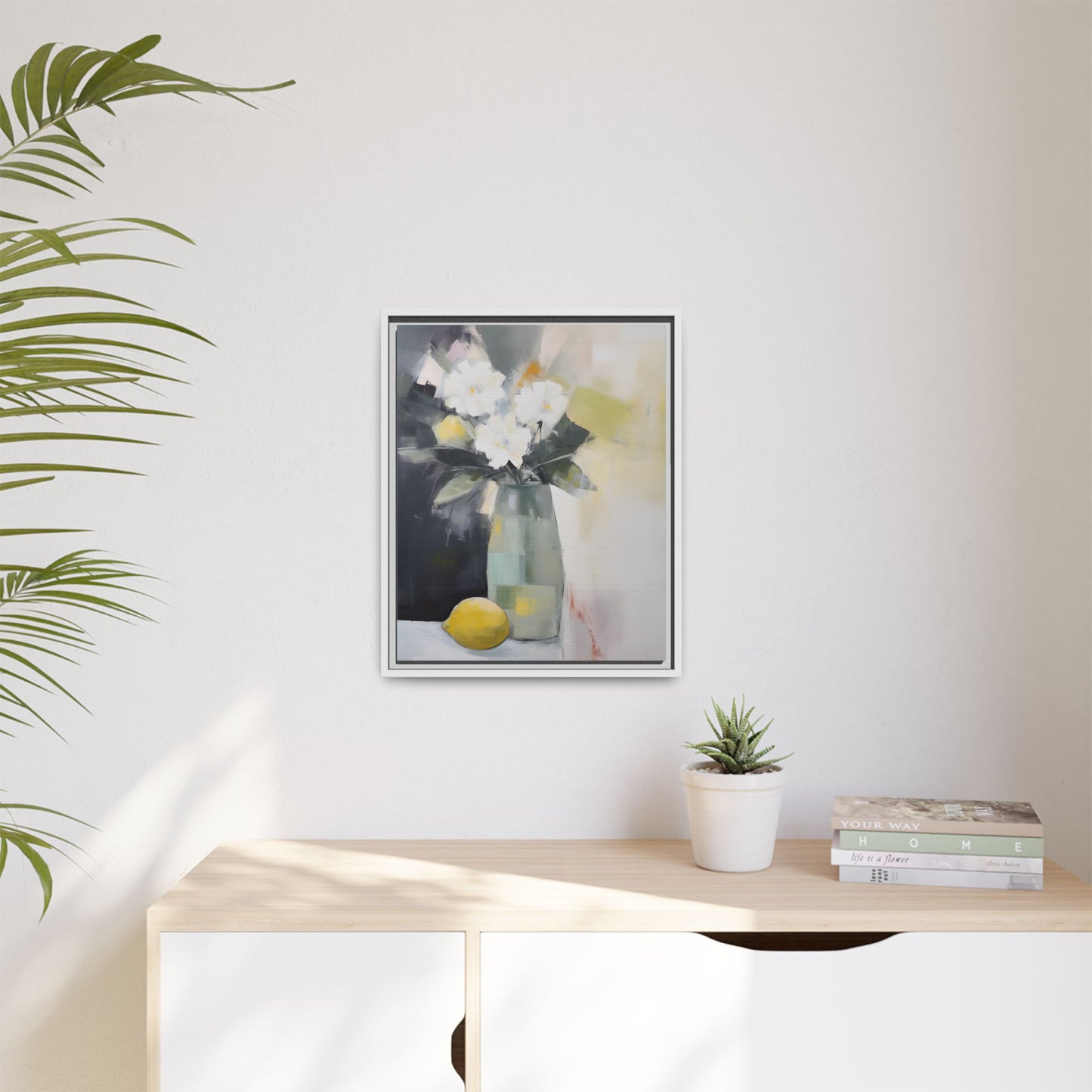Modern Floral Still Life Wall Art – Framed Canvas with White Flowers and Lemon in Soft Green Vase