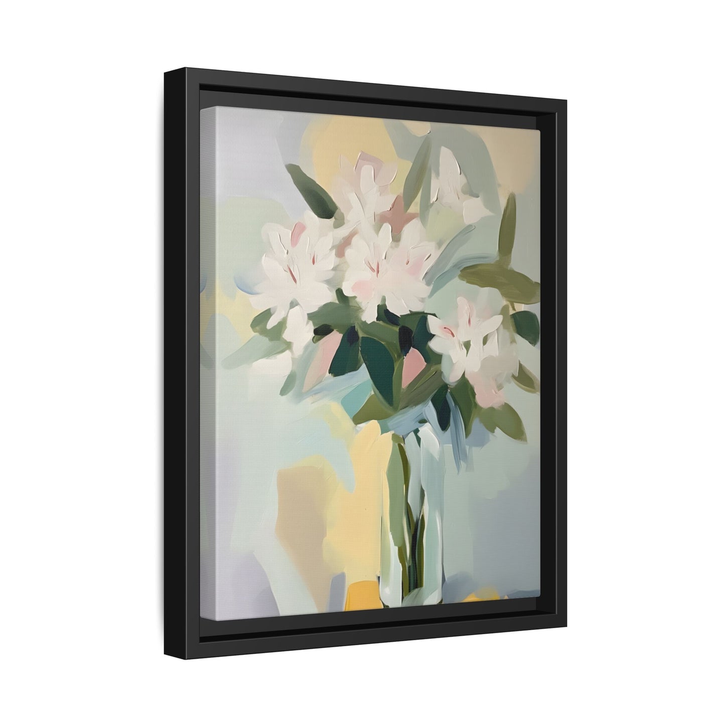Soft Abstract Floral Wall Art – Framed Modern Canvas with White Flowers in Green Vase