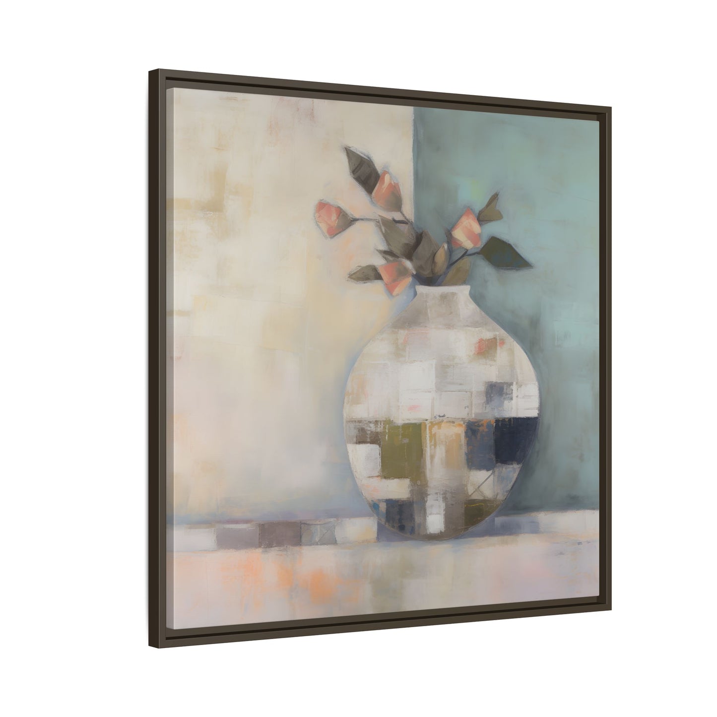 Geometric Floral Still Life Wall Art – Framed Abstract Canvas with Vase and Blush Pink Buds