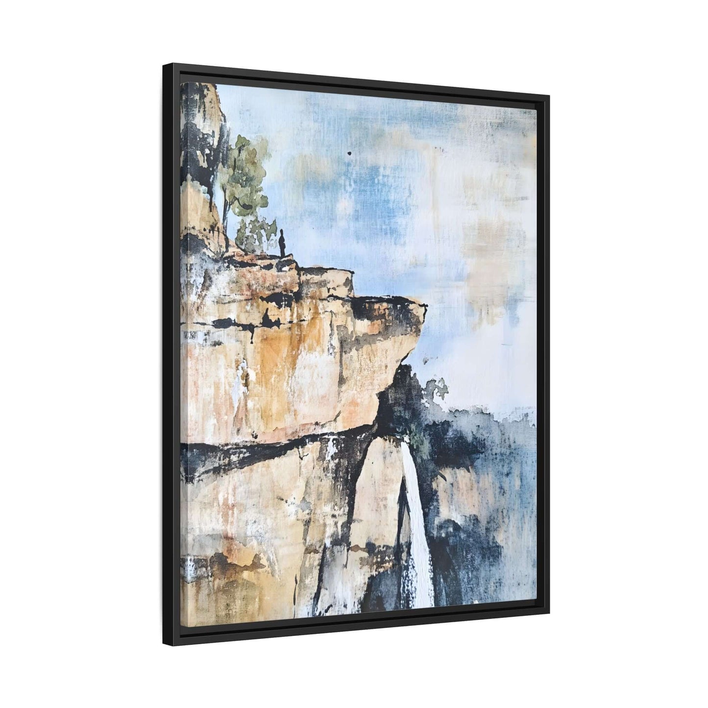 Impressionistic scenic landscape watercolor of a waterfall in a framed canvas, perfect for adding tranquility to any room.