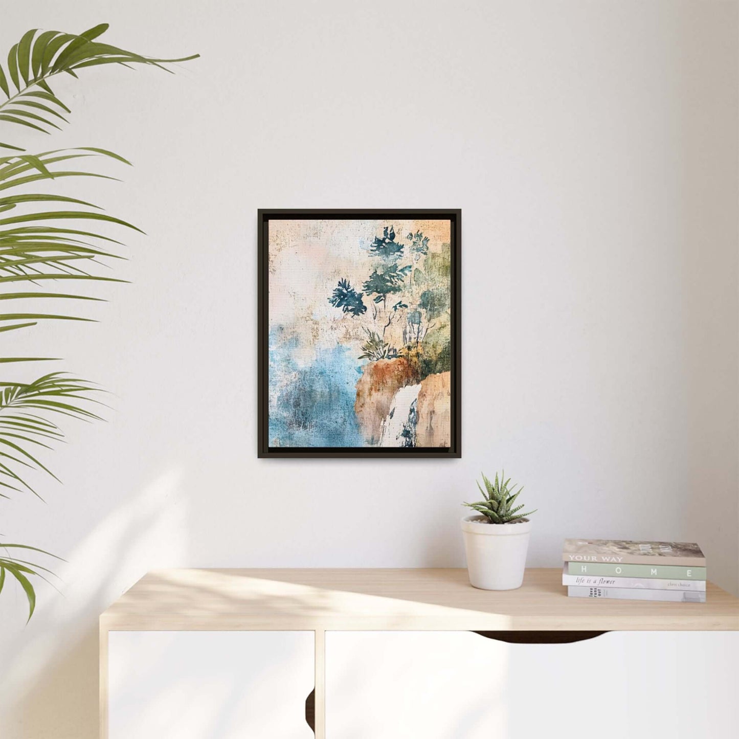 Framed Watercolor Canvas Print of a Misty Forest Landscape on a wall in a serene, elegant room with natural decor elements.